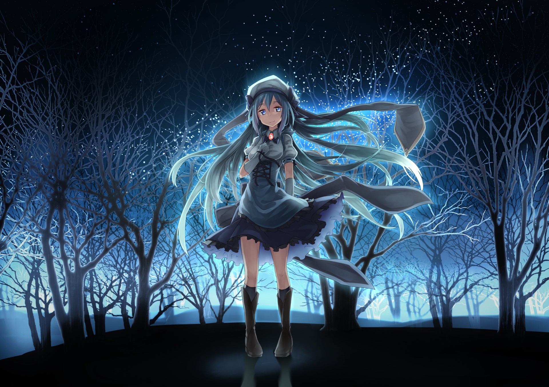 Anime 1920x1355 anime anime girls long hair blue hair blue eyes skirt night stars knee-highs forest trees