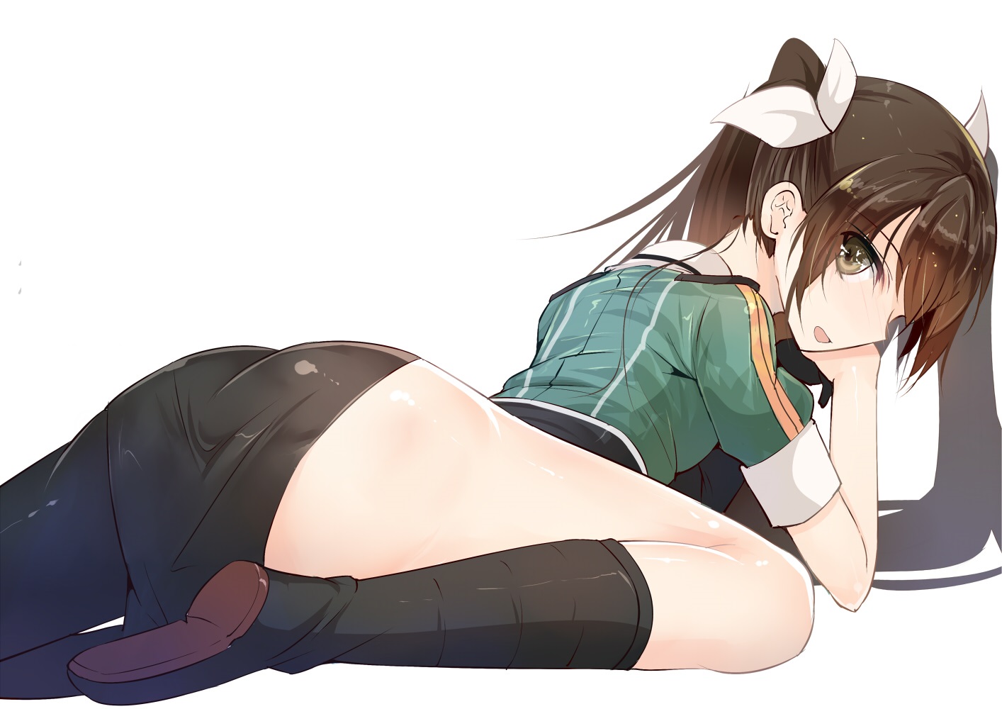 Anime 1414x1000 open mouth Tone (KanColle) white background Kantai Collection boots ass hair ornament long hair twintails brunette simple background lying on front
