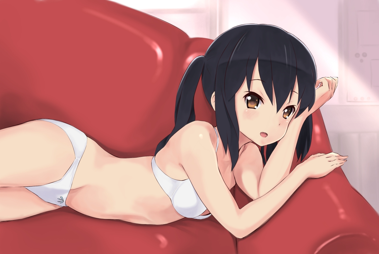 Anime 1294x868 K-ON! Nakano Azusa open mouth brown eyes twintails underwear anime loli anime girls lying on side looking at viewer
