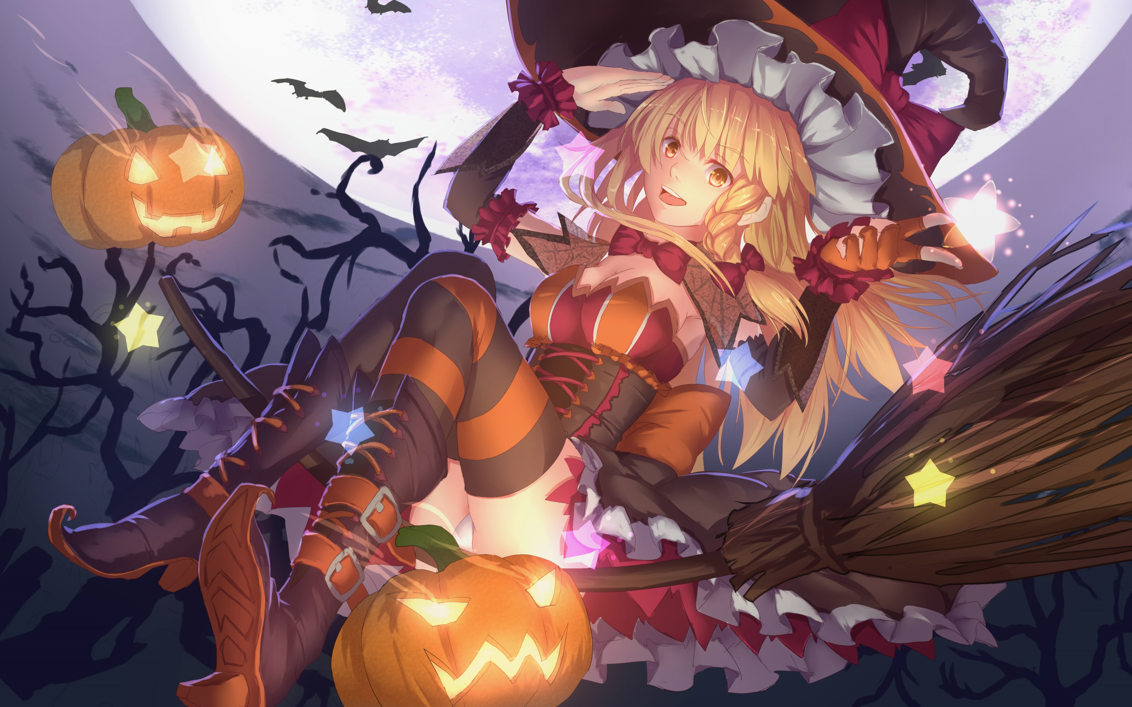 Anime 3800x2375 Halloween pumpkin witch hat heels Kirisame Marisa thigh-highs Touhou witch blonde Jack O' Lantern