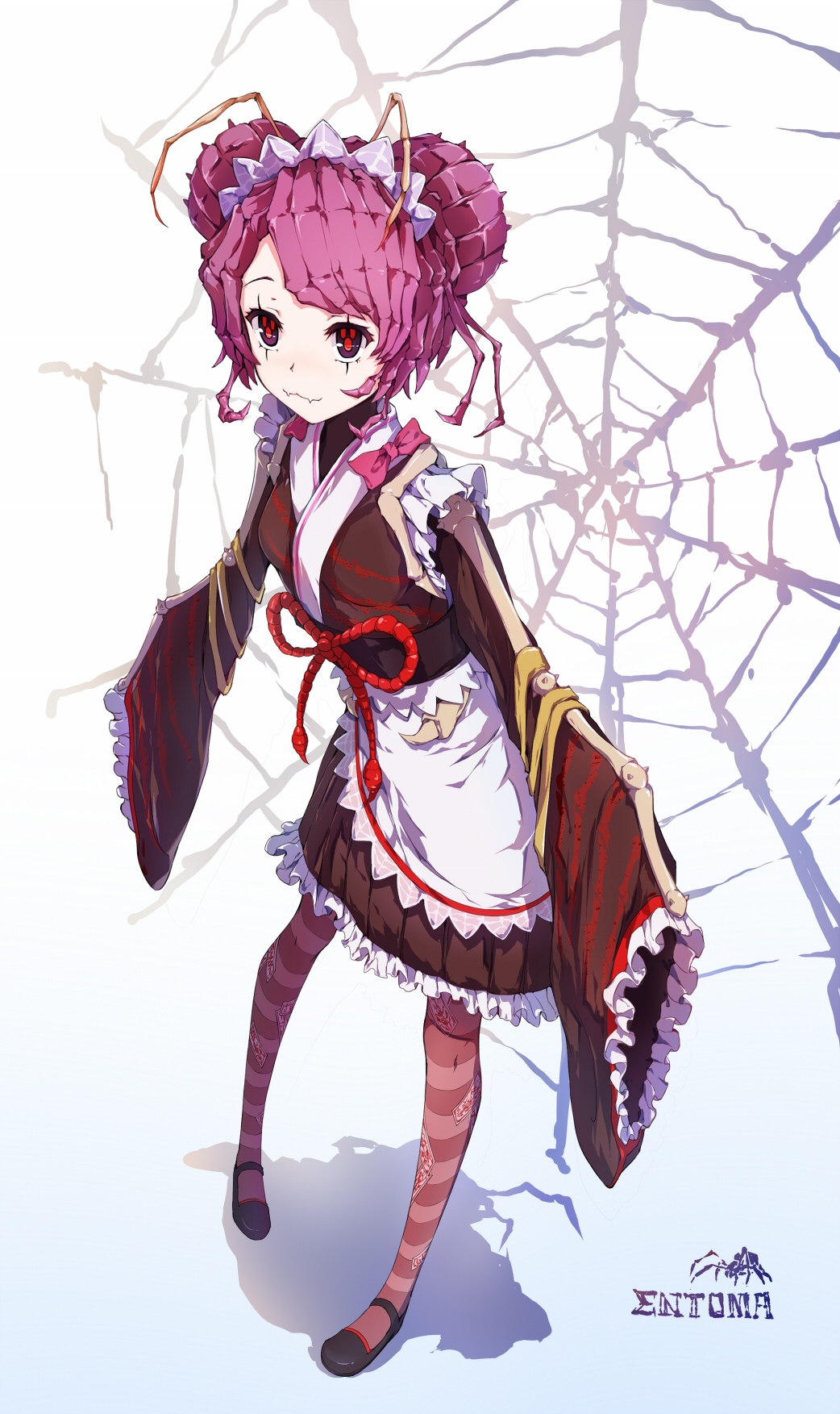 Anime 1042x1753 Overlord (anime) anime girls bones small boobs loli thighs black heels maid outfit odango monster girl spiderwebs portrait display smiling symbol-shaped pupils 2D Entoma Vasilissa Zeta long hair pink hair hair in face bangs looking at viewer pantyhose striped stockings fan art red eyes hairbun
