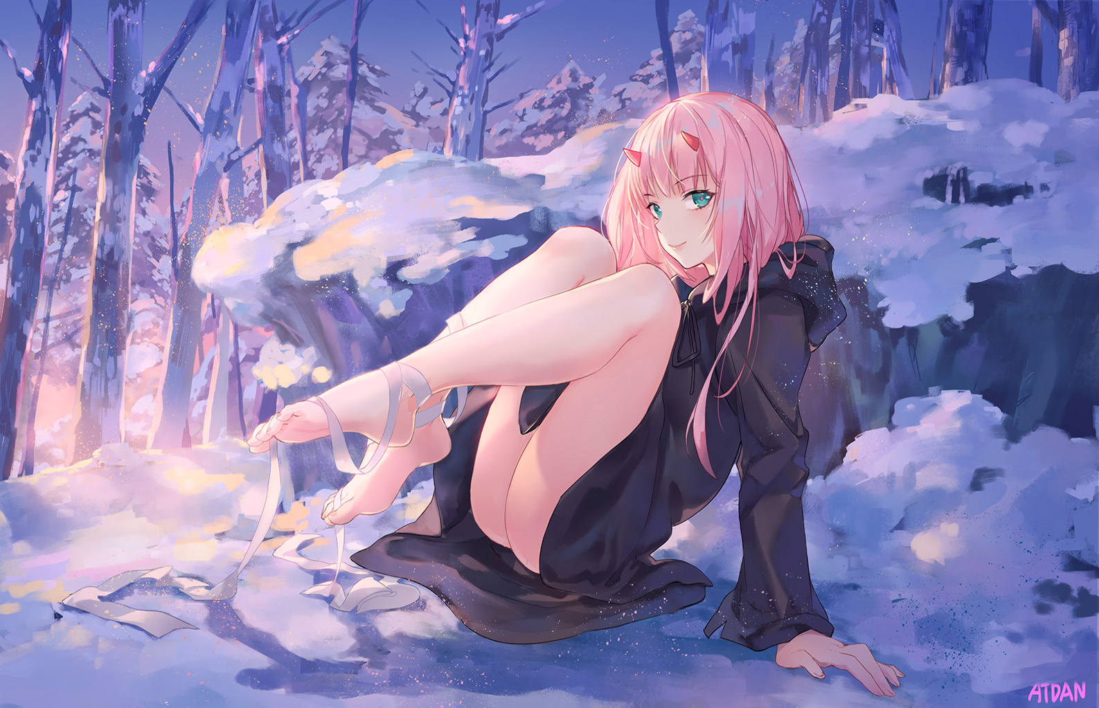 Anime 1587x1023 anime girls Atdan Darling in the FranXX Zero Two (Darling in the FranXX) anime snow fan art feet barefoot