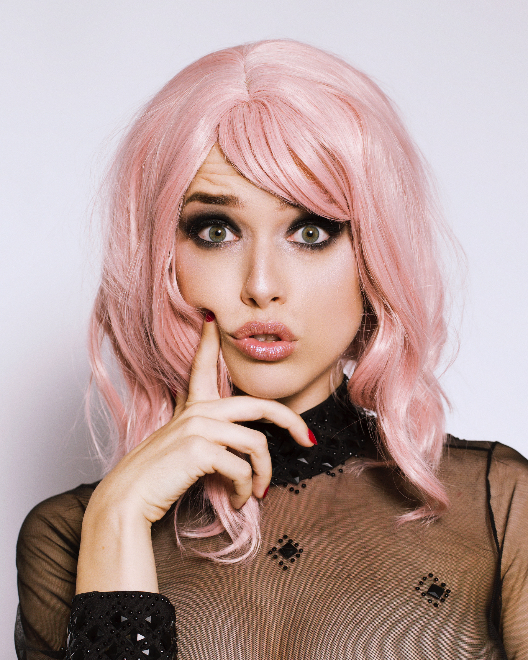 People 1790x2237 Lauren Summer women model pink hair pink lipstick red nails portrait display face touching face