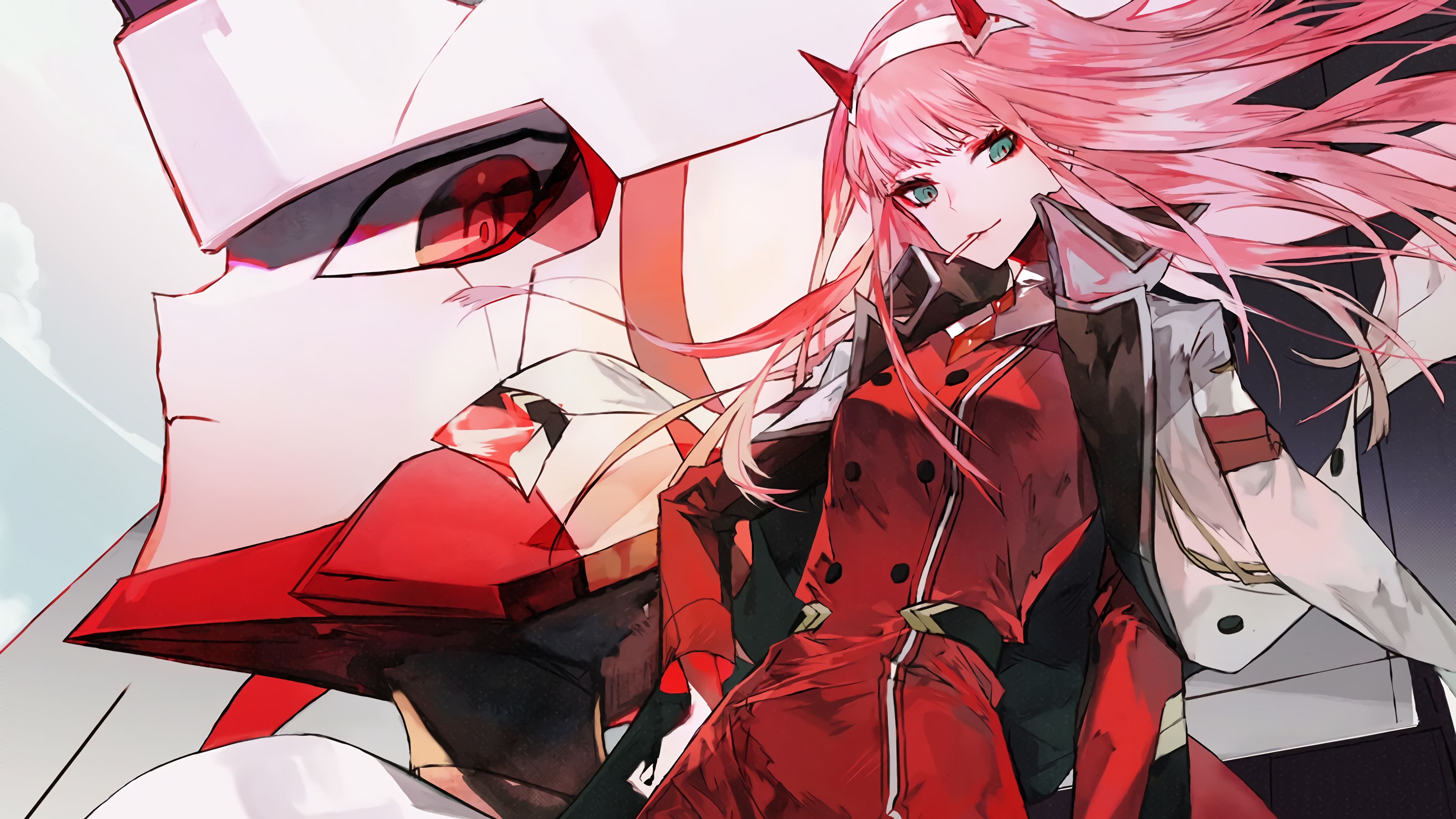 Anime 3840x2160 Darling in the FranXX Zero Two (Darling in the FranXX) anime girls pink hair red jackets white jacket mecha girls horns oni girl