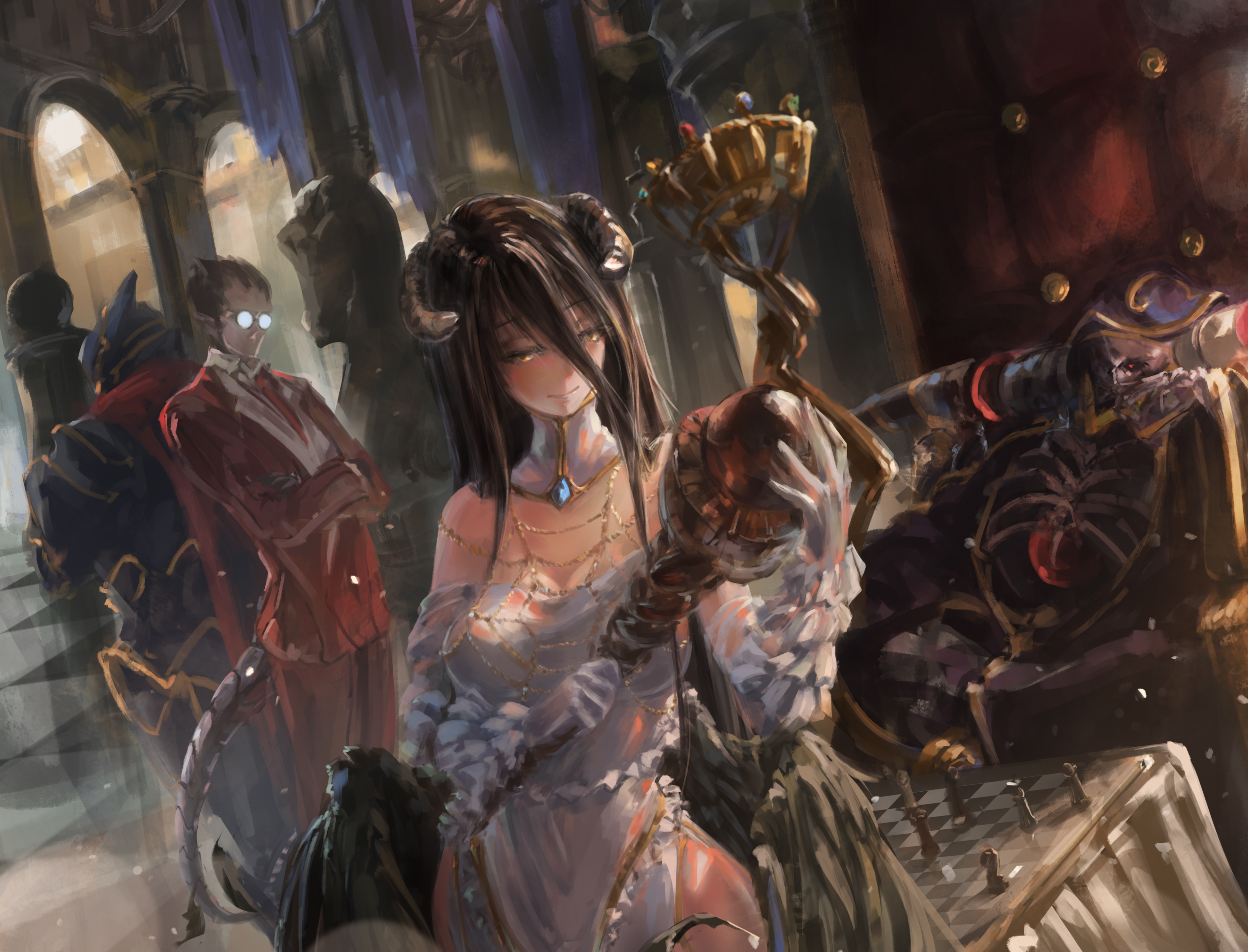 Anime 2780x2120 Ainz Ooal Gown Albedo (OverLord) black hair cleavage white dress long hair Overlord (anime) Demiurge (Overlord) Momonga black wings anime girls anime boys monster girl succubus big boobs wide hips demon girls fantasy armor bare shoulders skeleton 2D no bra smiling demon horns hair in face men with glasses red clothing blushing yellow eyes chess fan art Song Ren