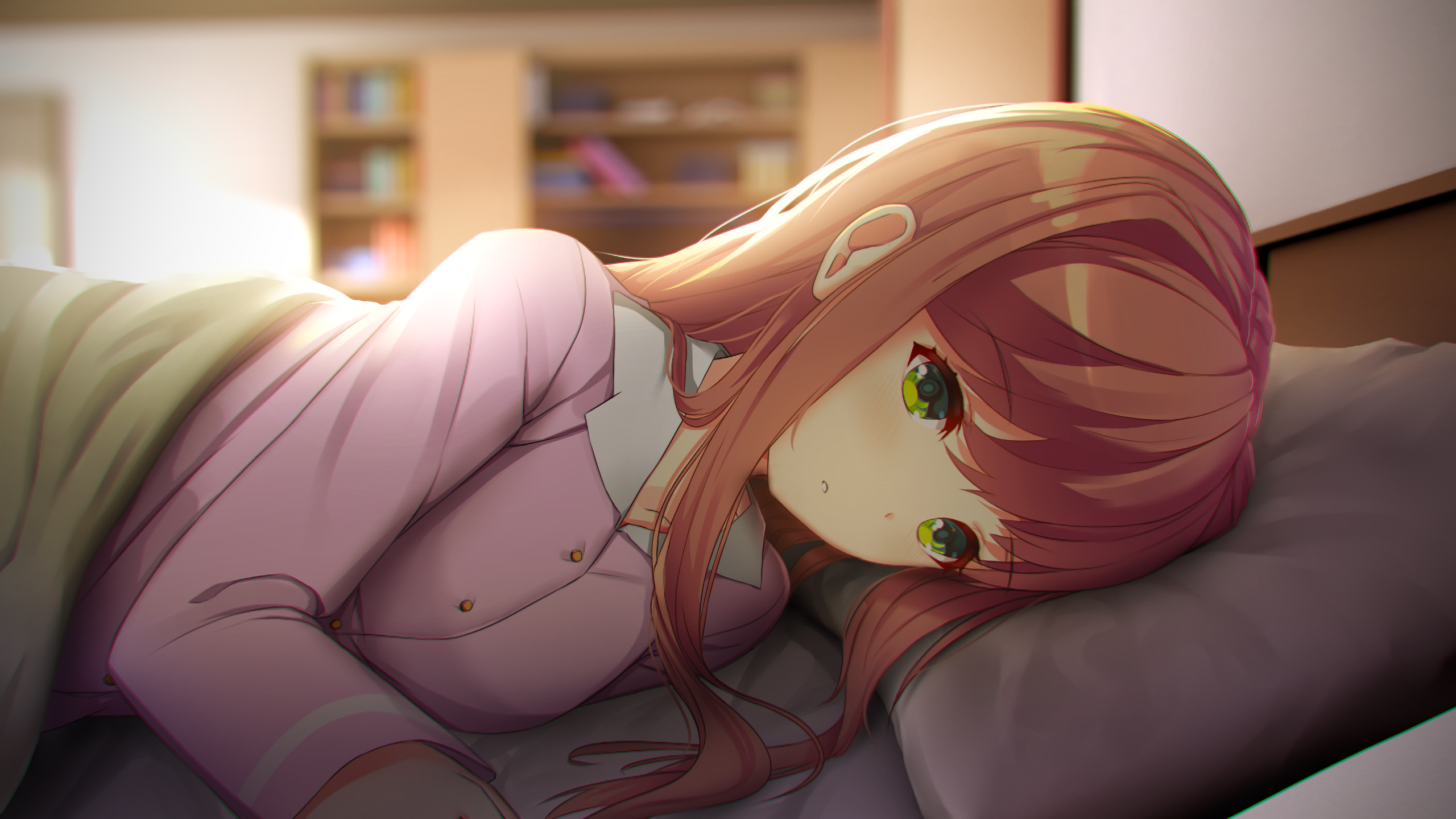 Anime 2560x1440 Doki Doki Literature Club Monika (Doki Doki Literature Club) in bed anime girls green eyes sheets
