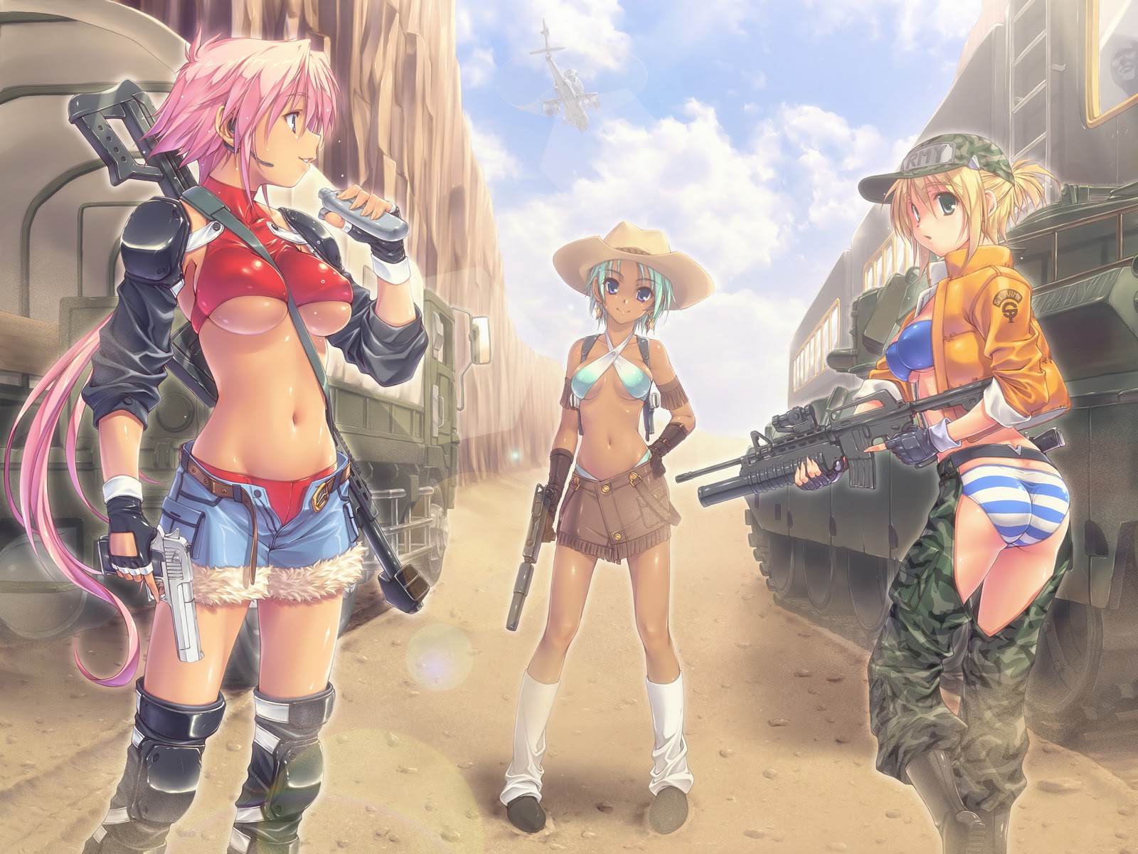 Anime 1600x1200 anime girls tank striped panties helicopters train underboob artwork cleavage pistol gun bikini bright sniper rifle sky clouds ass girls with guns standing jean shorts unbuttoned fingerless gloves gloves
