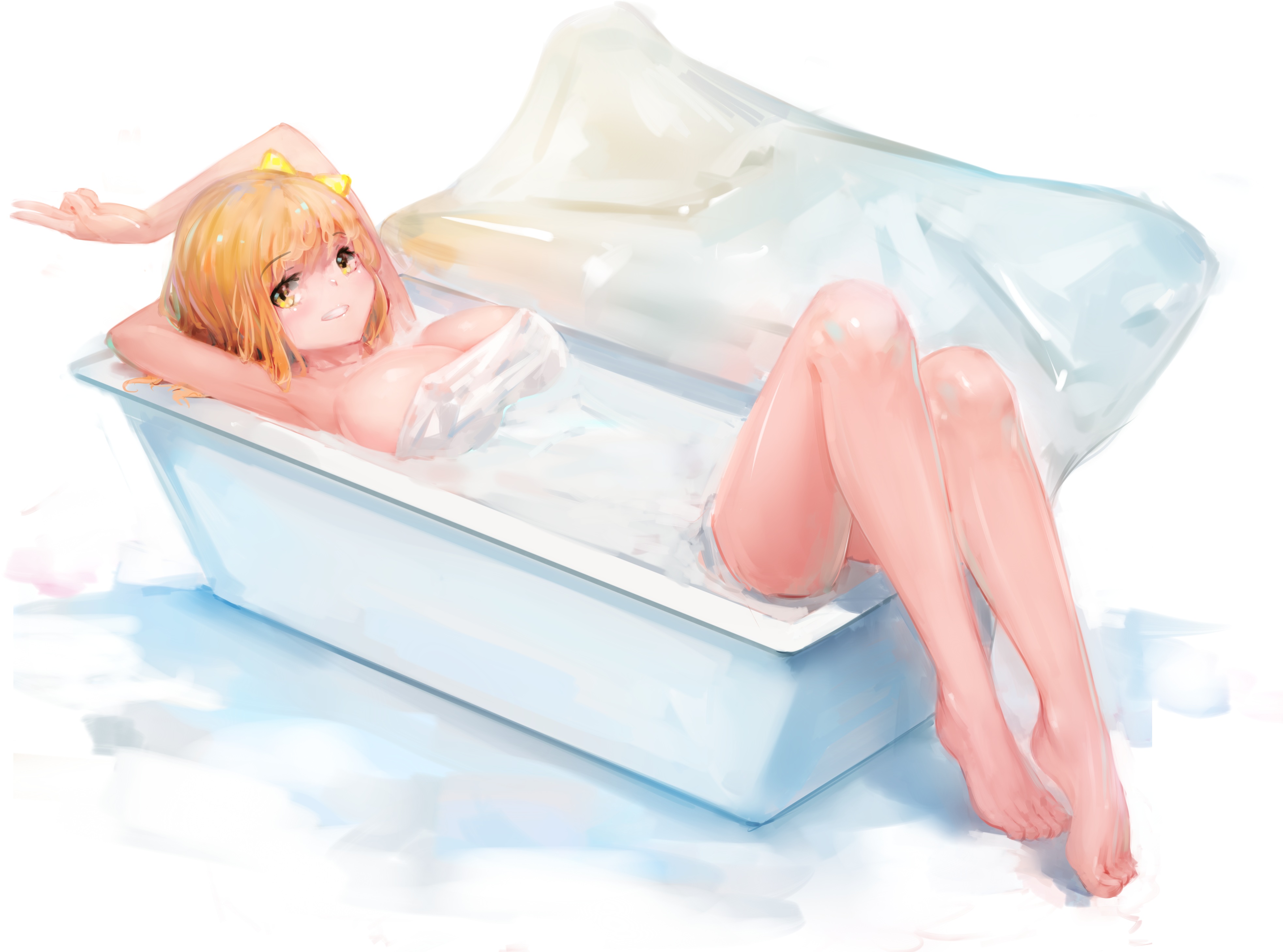 Anime 3931x2917 Kunikida Hanamaru Love Live! Sunshine anime girls cleavage in water in bathtub towel smiling yellow eyes blonde big boobs barefoot short hair peace sign
