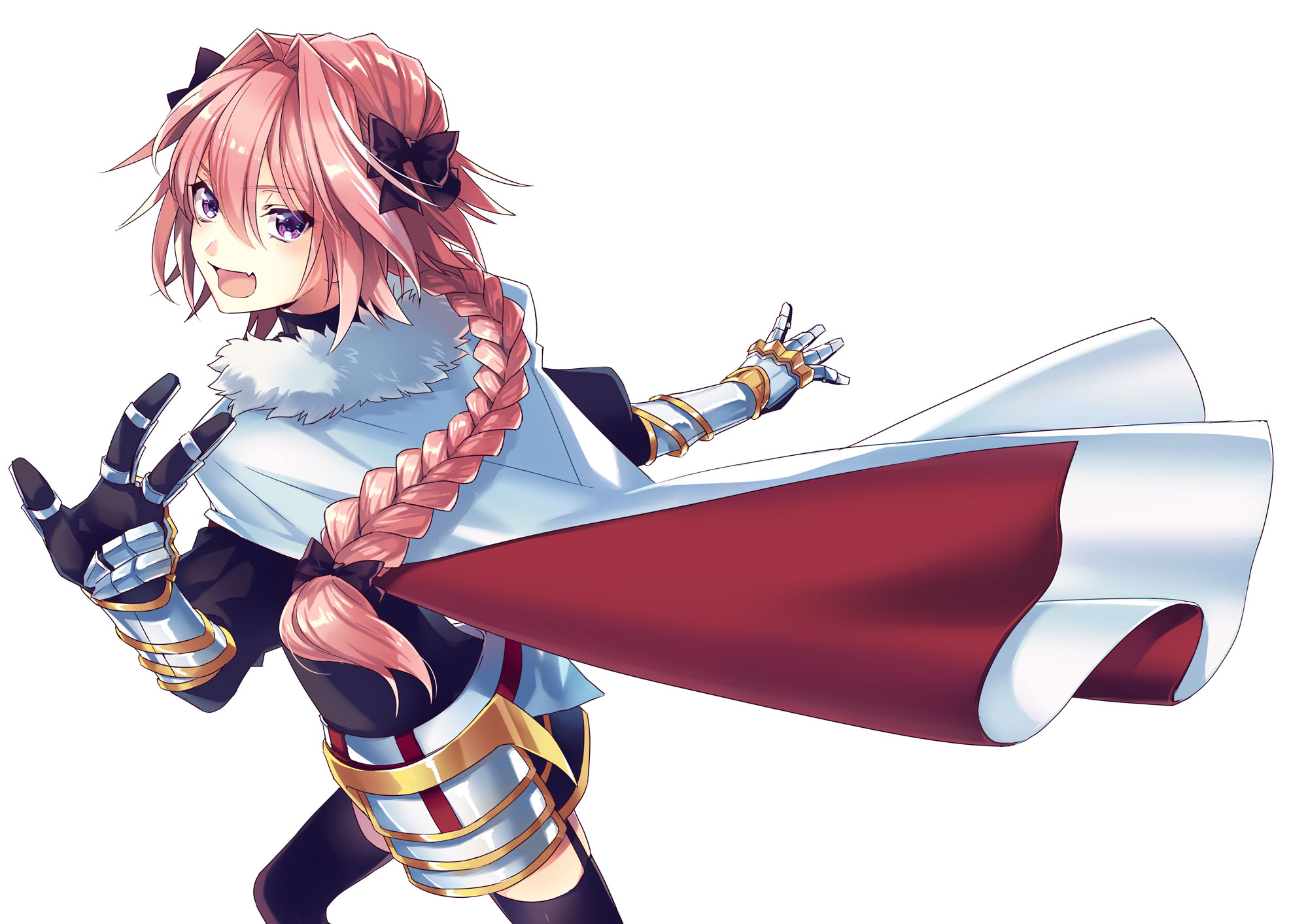 Anime 2000x1413 Fate series Fate/Apocrypha  anime boys thighs femboy black stockings zettai ryouiki Fate/Grand Order armor gauntlets purple eyes braids open mouth 2D two tone hair pink hair long hair bangs Astolfo (Fate/Apocrypha) peace sign french braids high angle looking at viewer simple background black ribbons anime looking back fan art cape blushing