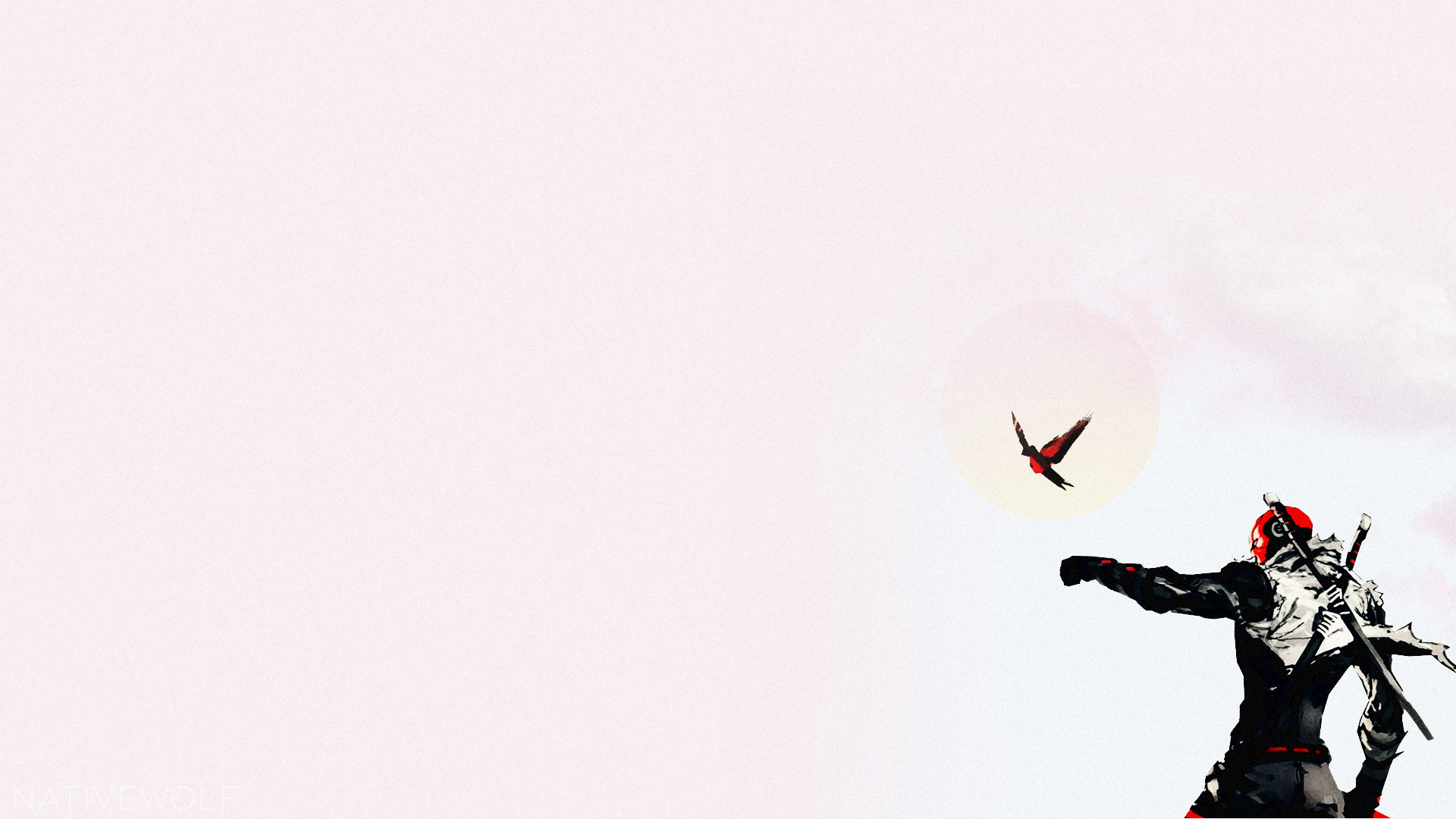 General 1920x1080 Red Hat birds robins painting ninjas solid color colorful sun rays sword helmet cape katana black outfits pixel art flying pink purple Desktopography grain red mask clouds Sun photoshopped 1920 artwork