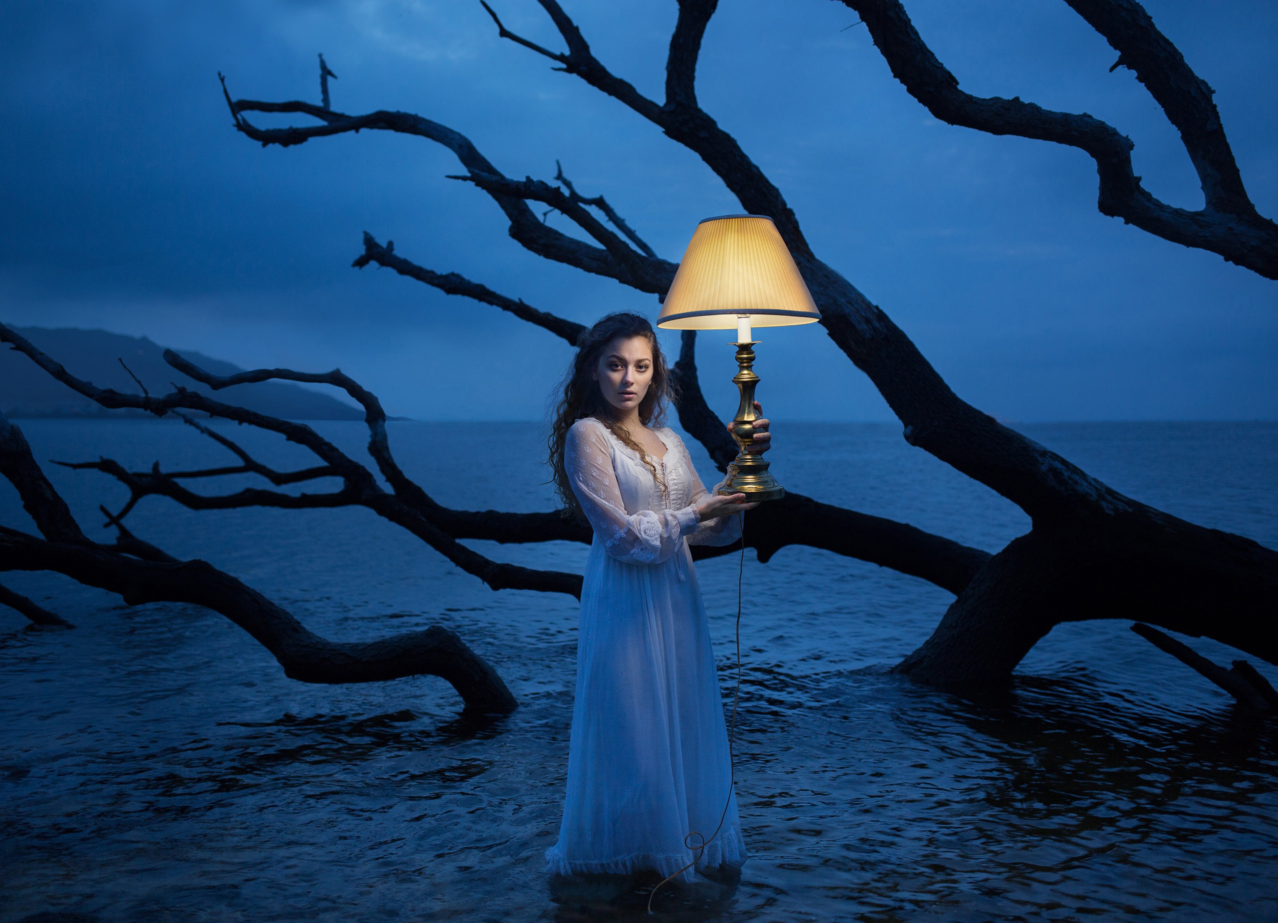 People 2560x1849 dark blue water lamp women model fantasy girl dead trees