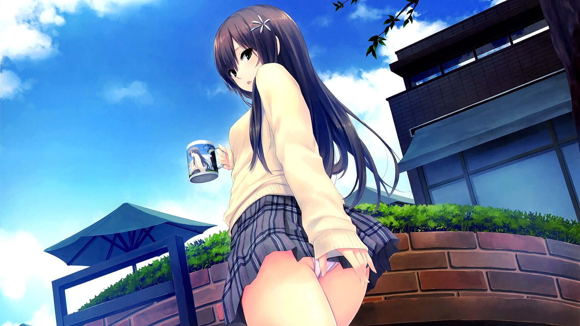 Anime 1920x1080 anime anime girls Shiramine Rika panties Coffee-Kizoku school uniform ass brunette long hair open mouth sky clouds skirt cup women outdoors
