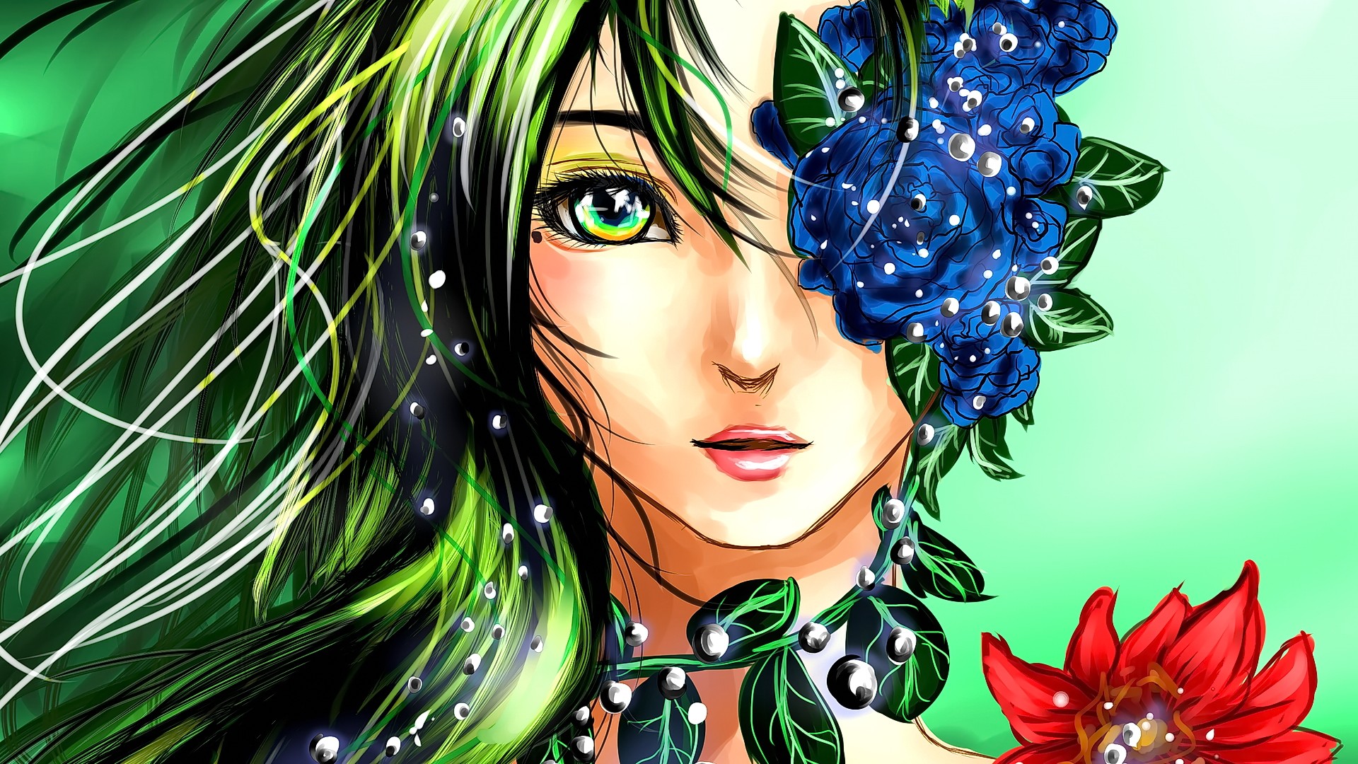 Anime 1920x1080 anime anime girls original characters flowers green hair green eyes green background plants portrait face closeup looking at viewer