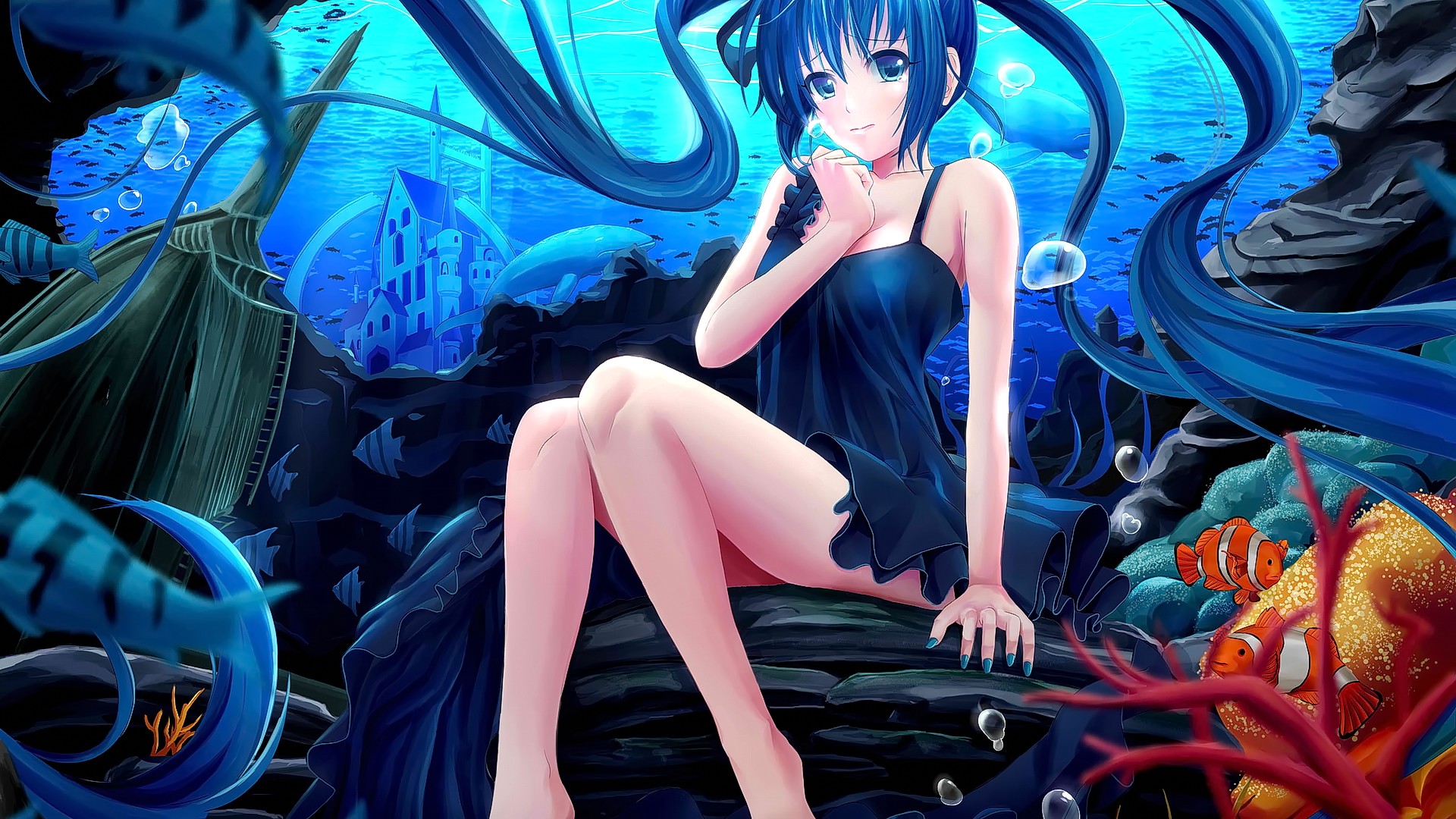 Anime 1920x1080 Vocaloid Hatsune Miku anime anime girls thighs legs blue hair blue eyes fish underwater animals minidress blue dress sitting fantasy art fantasy girl