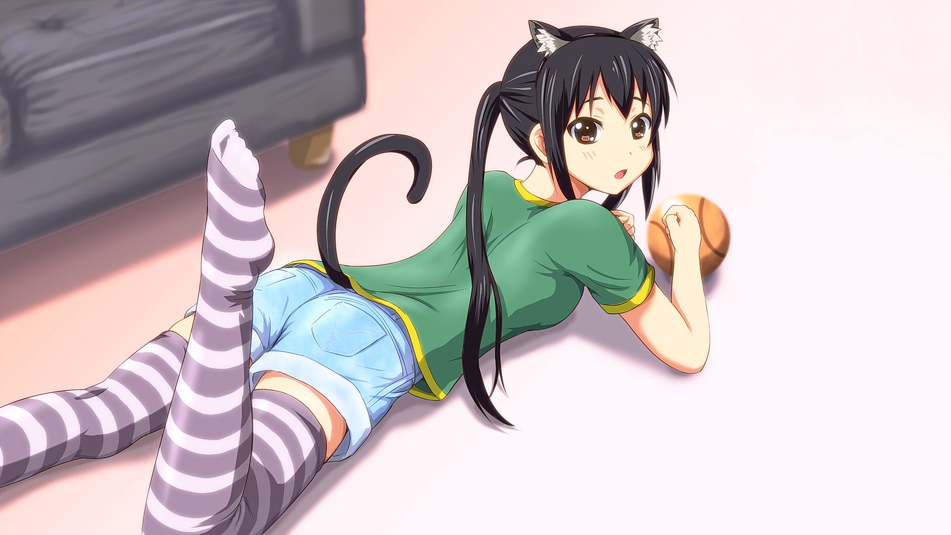 Anime 1920x1080 anime anime girls animal ears long hair cat girl Nakano Azusa lying on front K-ON! black hair stockings striped stockings tail open mouth ball