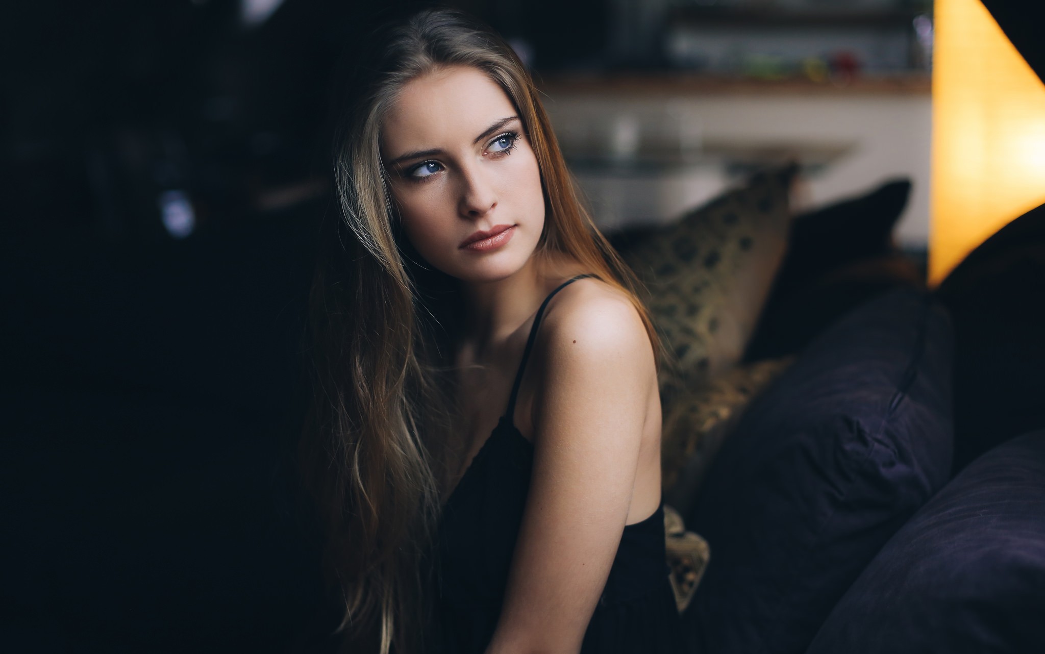People 2048x1282 women blonde face portrait David Olkarny Camille Rochette looking away makeup women indoors long hair closed mouth nightdresses blue eyes indoors closeup