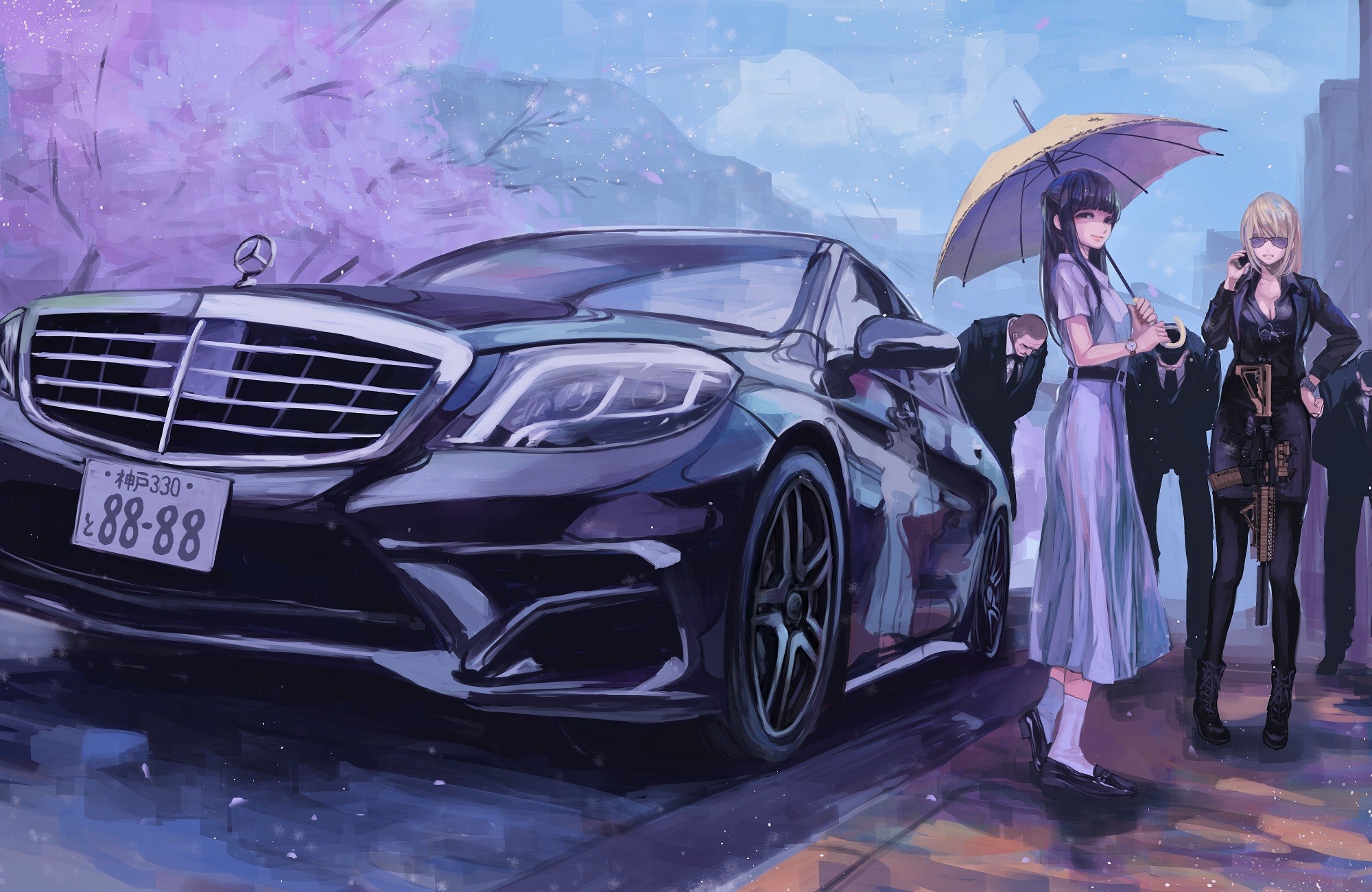 Anime 2000x1300 Mercedes-Benz dress original characters cherry blossom umbrella women with cars car vehicle women with umbrella machine gun weapon girls with guns black cars