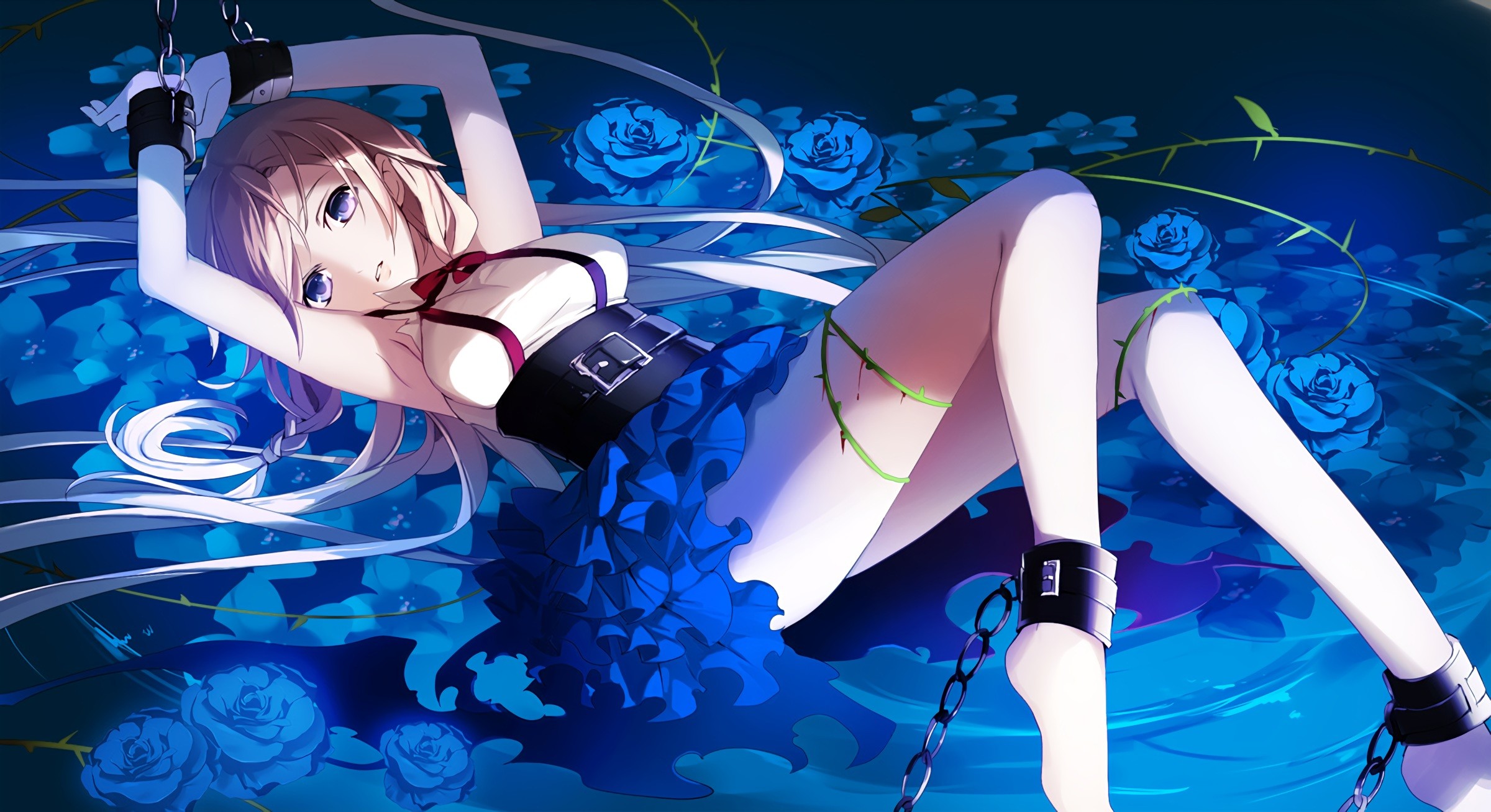 Anime 2400x1308 Vocaloid IA (Vocaloid) anime girls chains anime purple eyes flowers BDSM lying on back rose chained