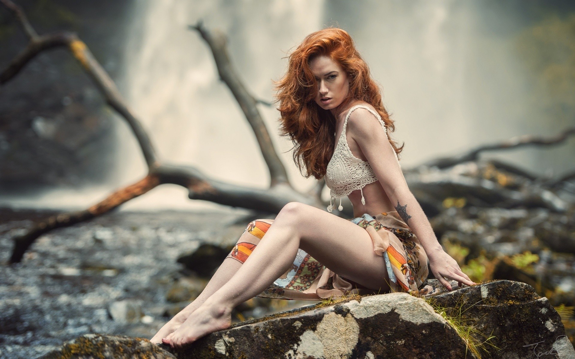 People 1920x1200 women model redhead long hair looking at viewer lingerie tattoo bra skirt open mouth nature dead trees branch rocks waterfall nose ring sitting Jenny O'Sullivan depth of field fantasy girl feet barefoot outdoors Jack Russell inked girls dyed hair hair over one eye whole body