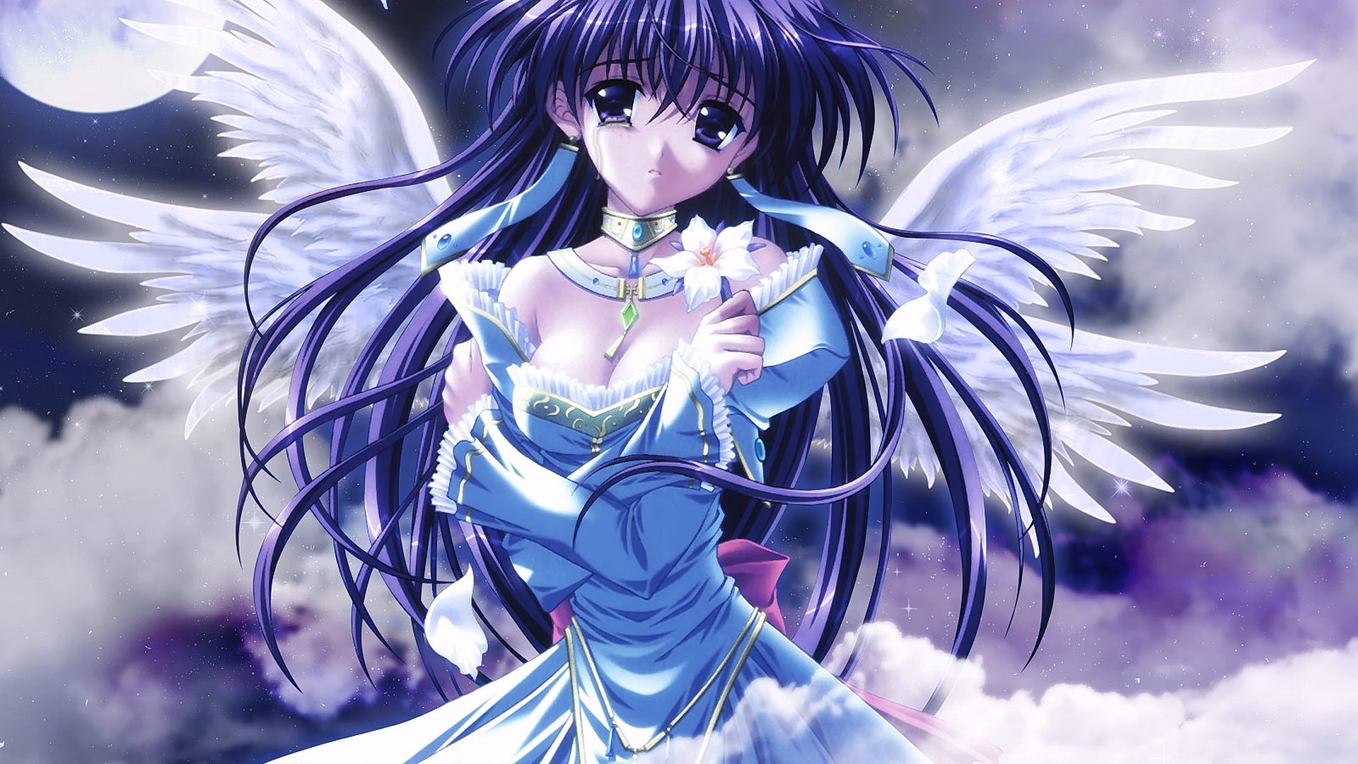 Anime 1920x1080 anime anime girls wings long hair dress arms crossed Moon flowers fantasy art fantasy girl