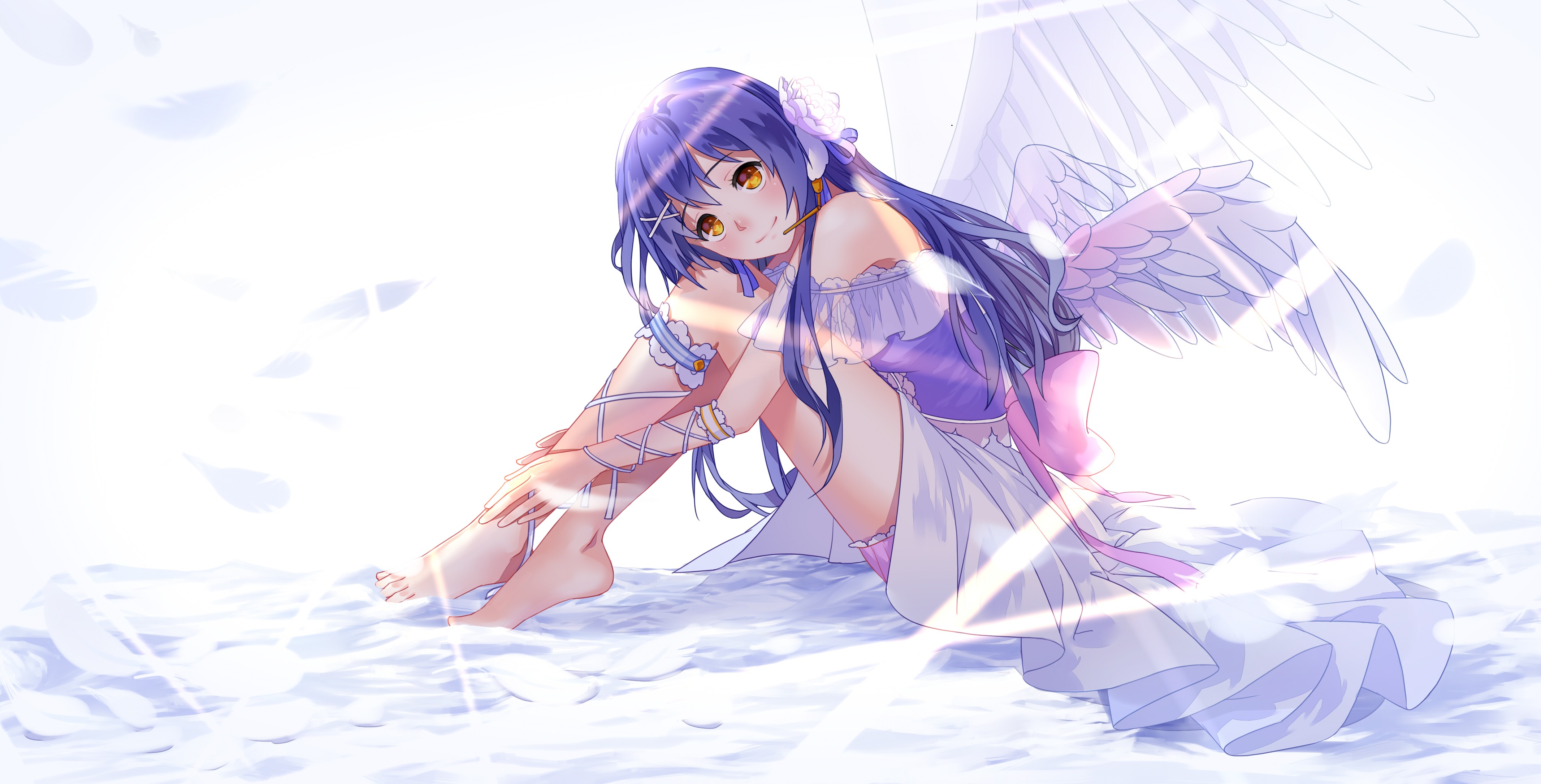 Anime 4267x2172 anime anime girls angel demon angel wings wings long hair barefoot fantasy girl fantasy art sitting purple hair yellow eyes smiling white background