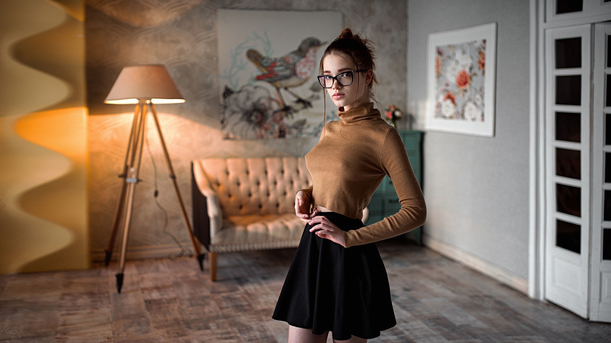 People 2000x1125 nipples through clothing women interior model women with glasses skirt see-through clothing Georgy Chernyadyev Anna Dyuzhina glasses nipple bulge women indoors indoors standing looking at viewer lamp