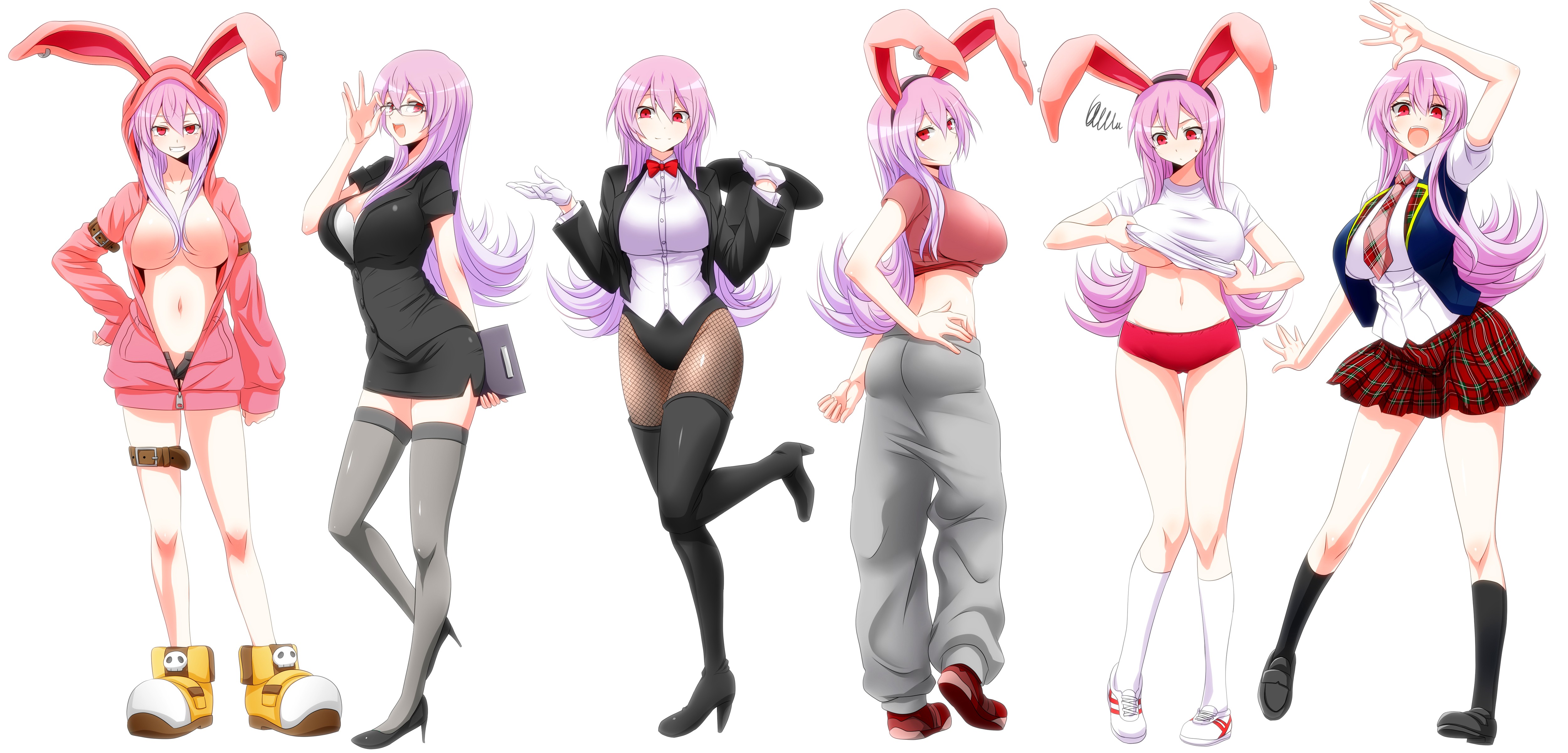 Anime 5000x2402 anime anime girls animal ears gym clothes no bra open shirt underboob undressing original characters pink hair Reisen Udongein Inaba white background simple background boobs big boobs heels belly panties purple hair red eyes bunny girl bunny ears