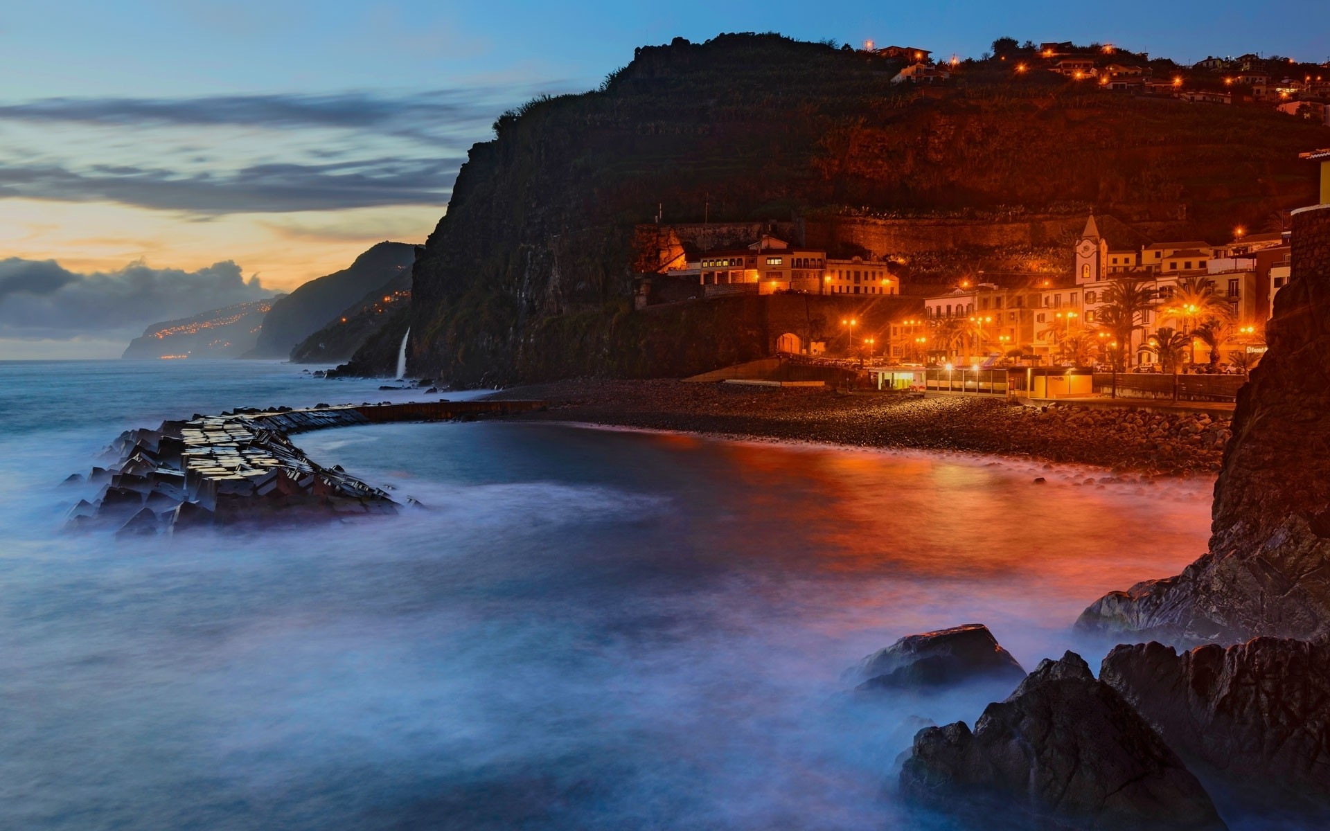 General 1920x1200 nature landscape photography bay beach island sea city architecture lights evening cliff Madeira Portugal