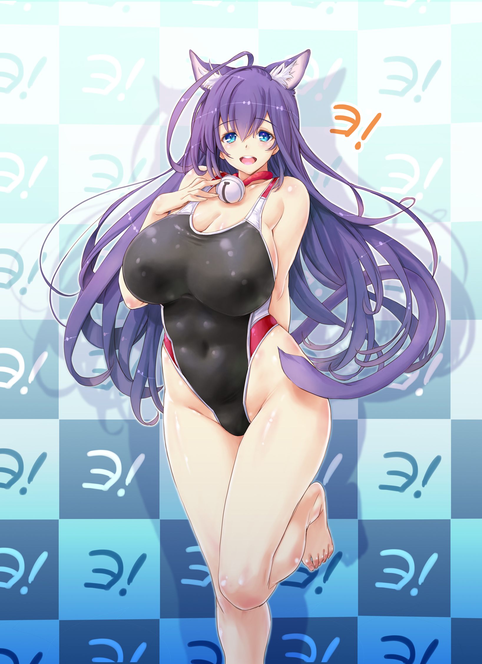 Anime 1637x2257 Kuune Asobi ni Iku yo! anime girls big boobs purple hair blue eyes one-piece swimsuit cleavage cat girl