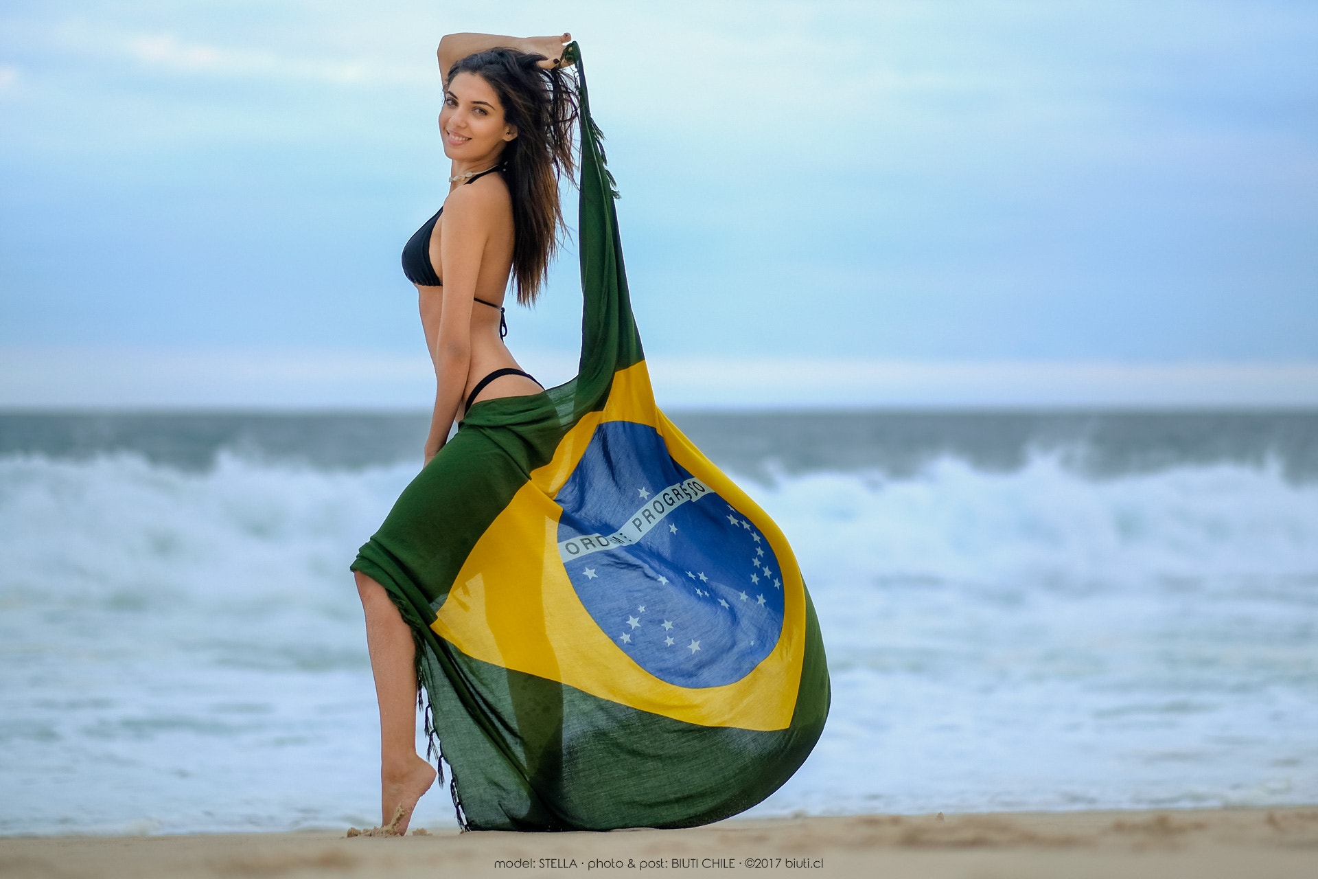 People 1920x1280 women black bikinis flag sea sand women outdoors brunette smiling depth of field Brazilian Latinas women on beach Brazilian Flag