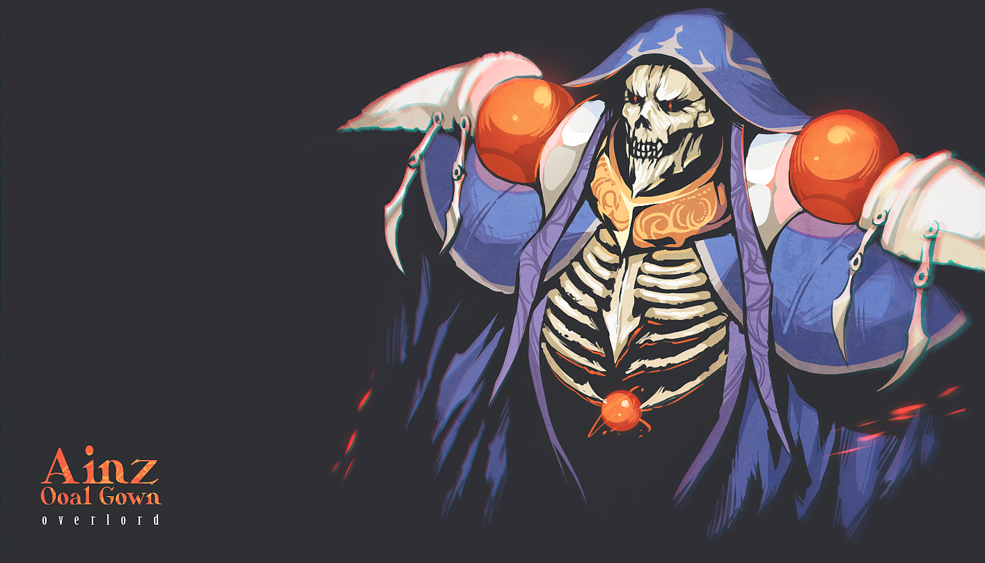 Anime 1415x809 Overlord (anime) Ainz Ooal Gown anime skeleton simple background 2D anime boys magician red eyes fan art minimalism
