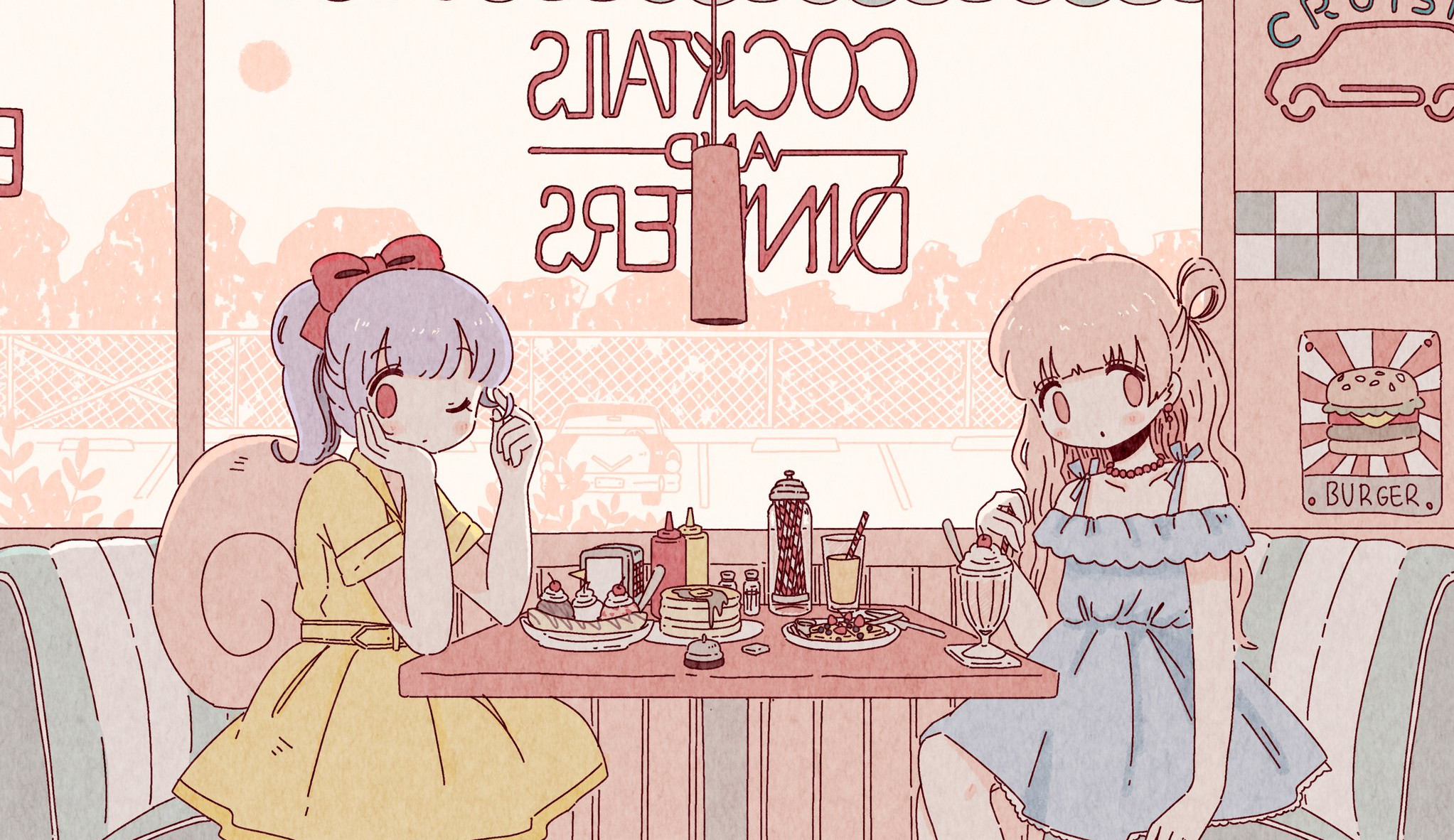 Anime 2045x1182 breakfast ice cream restaurant anime girls food sitting dress one eye closed ponytail long hair pearl necklace ketchup mustard window table drink