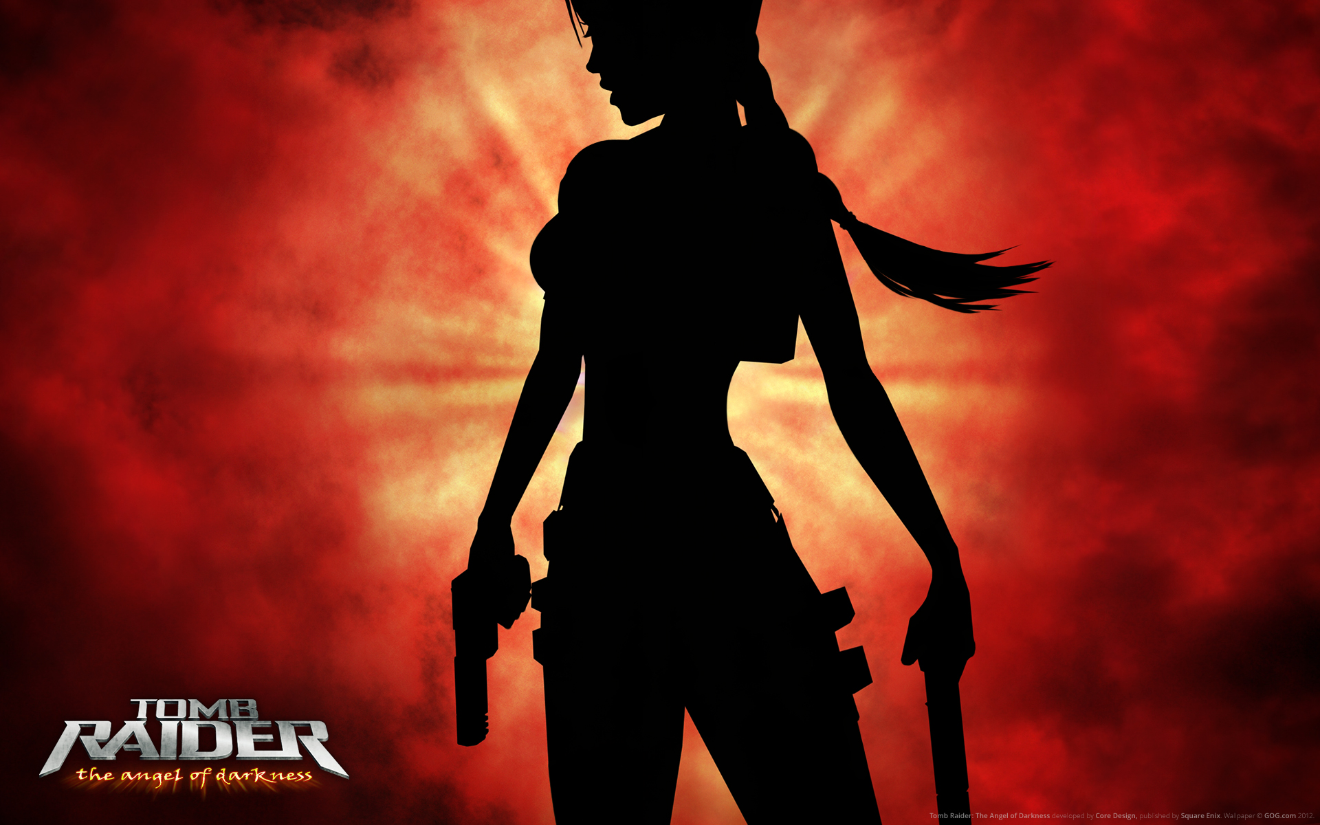 General 1920x1200 Tomb Raider video games Lara Croft (Tomb Raider) silhouette girls with guns red background video game girls video game characters Core Design Square Enix Tomb Raider: Angel of Darkness