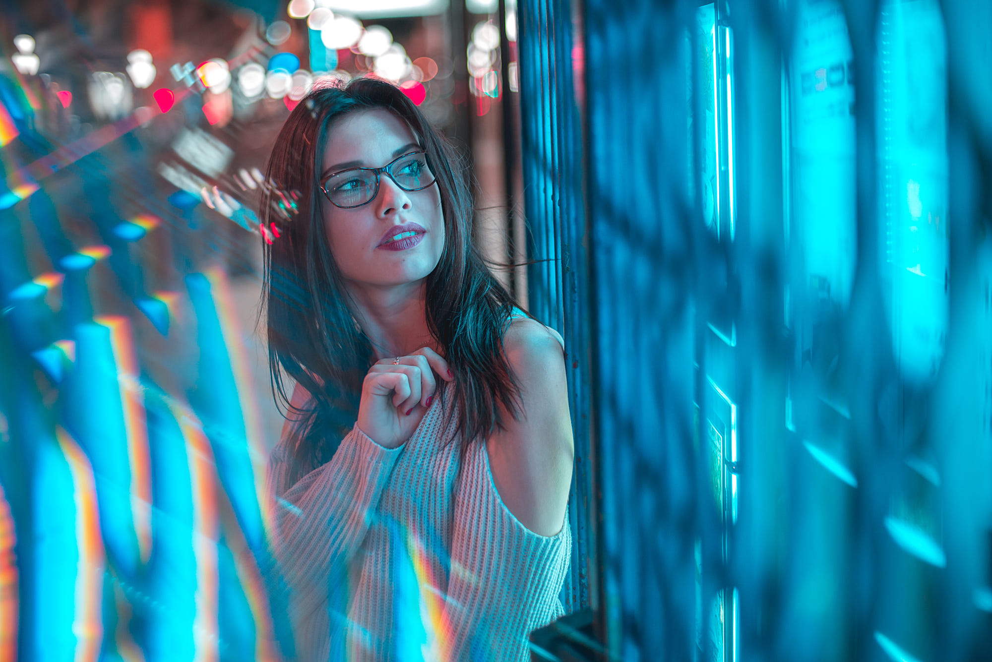 People 2000x1335 women brunette women with glasses face reflection lights glasses portrait sweater red nails Jean-René Broyer cyan blue