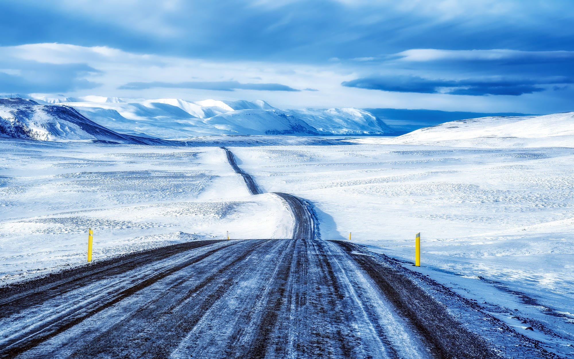 General 2000x1250 nature landscape snow road alone clouds mountains cyan winter ice