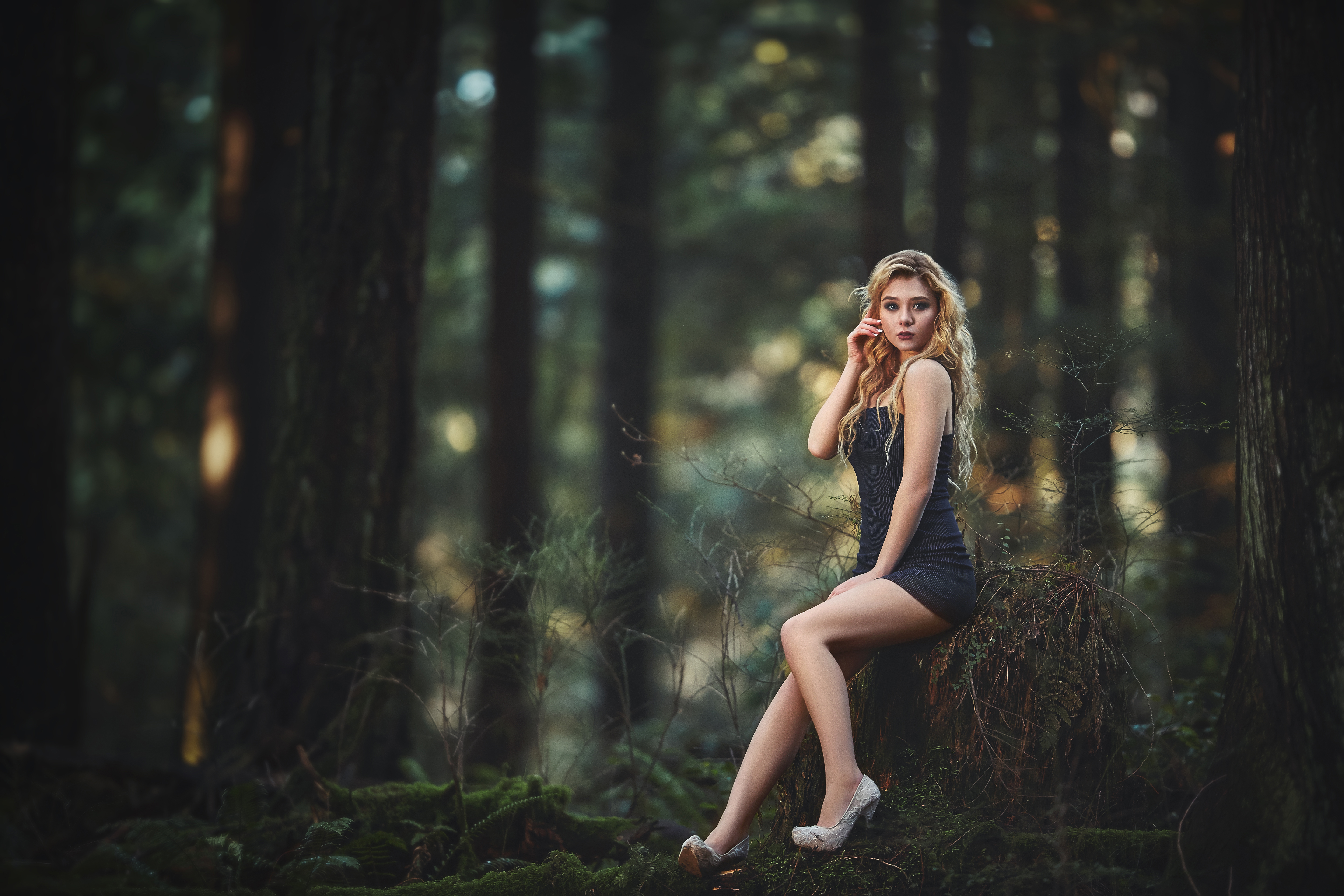 People 5760x3840 black dress high heels looking at viewer wood women forest