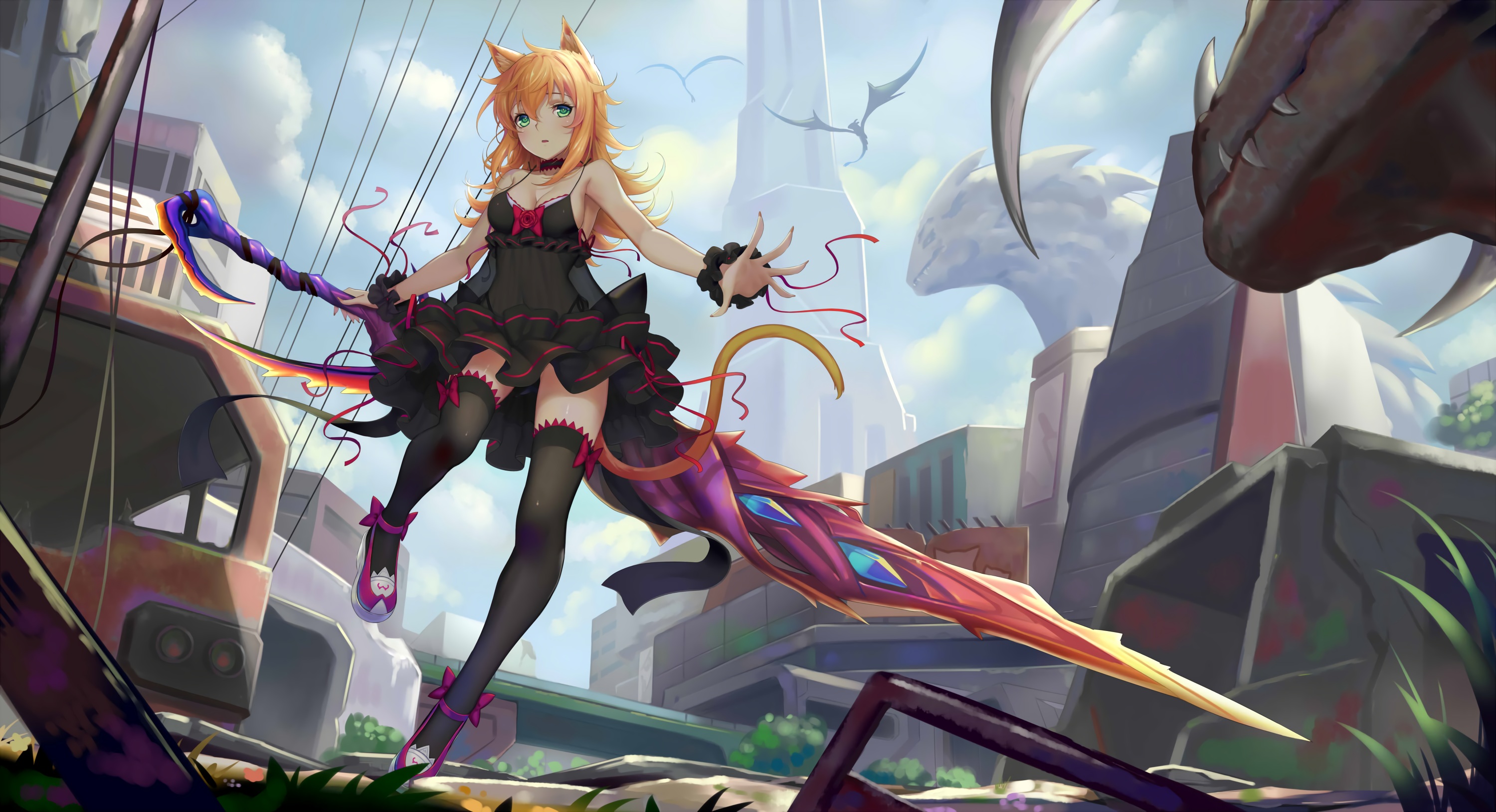 Anime 3000x1629 blonde cat girl cleavage black dress green eyes long hair ruins see-through clothing sword thigh-highs weapon