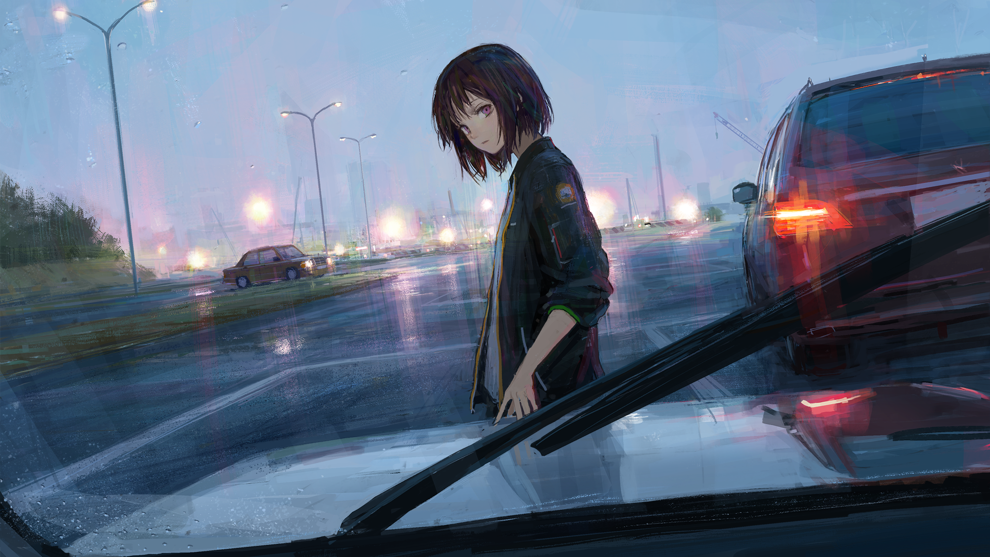 Anime 2000x1125 car rain road anime girls short hair shion (mirudakemann) street light traffic looking at viewer jacket