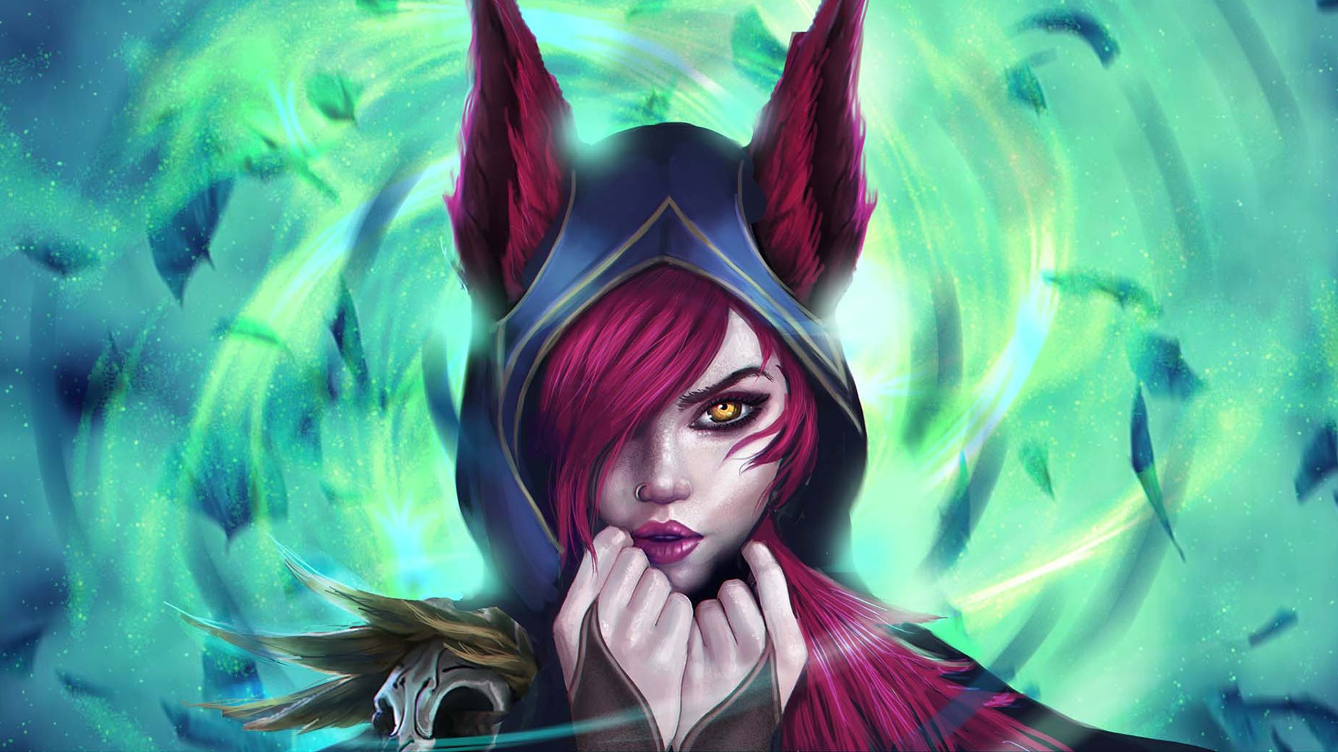 General 1920x1080 League of Legends Xayah (League of Legends) fantasy girl anime girls yellow eyes redhead PC gaming turquoise green