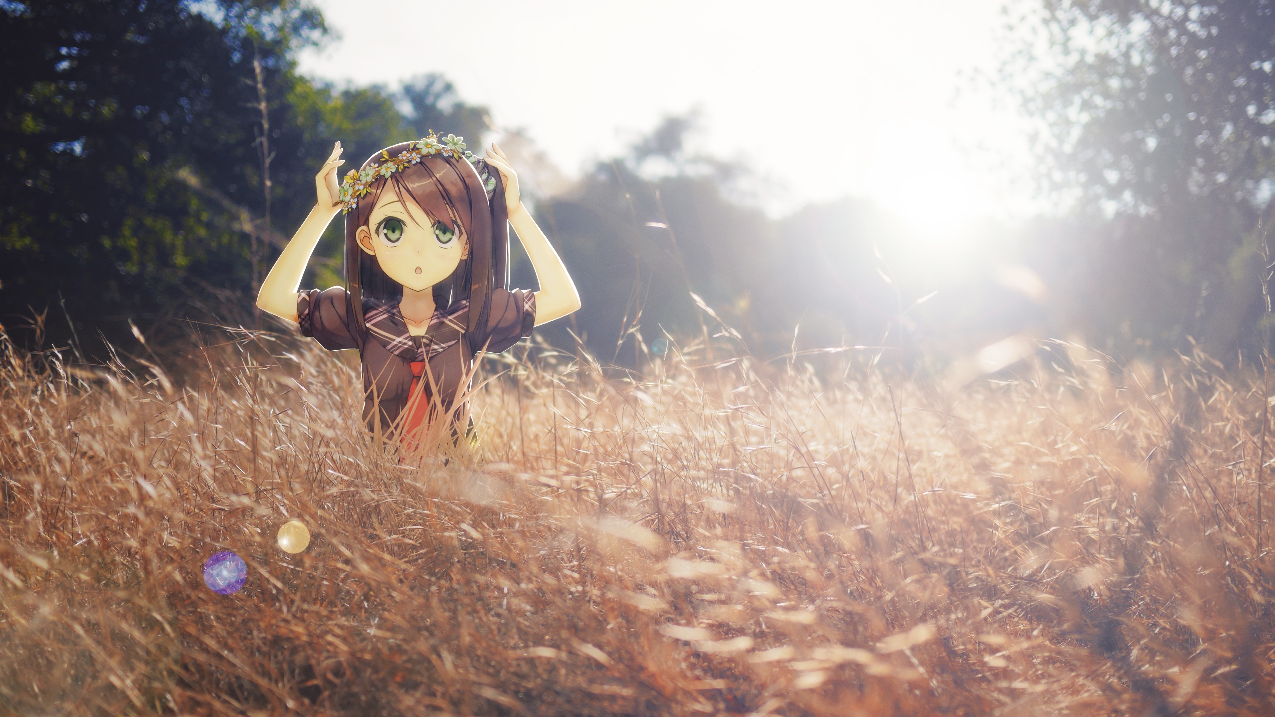 Anime 4096x2305 Kantoku grass sun rays anime girls schoolgirl animeirl