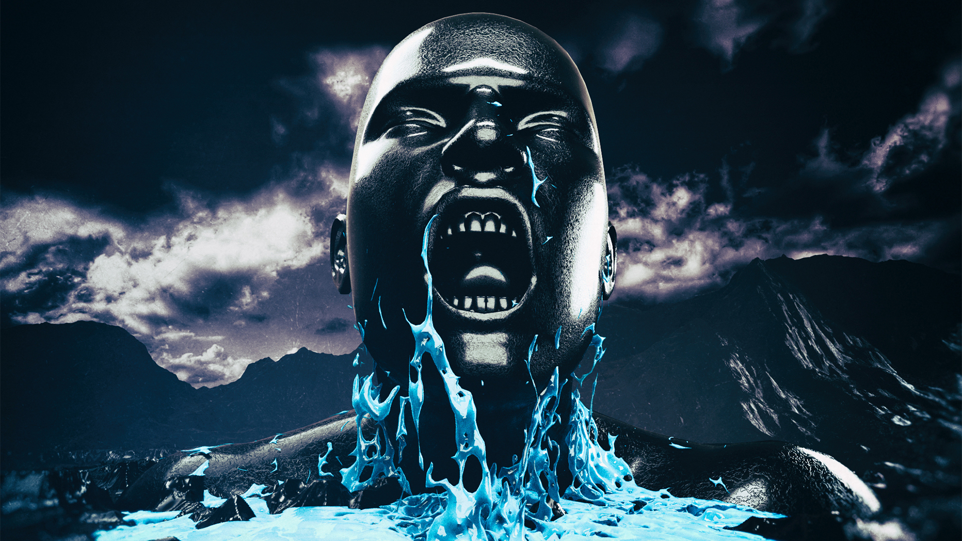General 1920x1080 Monstercat album covers face open mouth liquid dark blue crying statue digital art