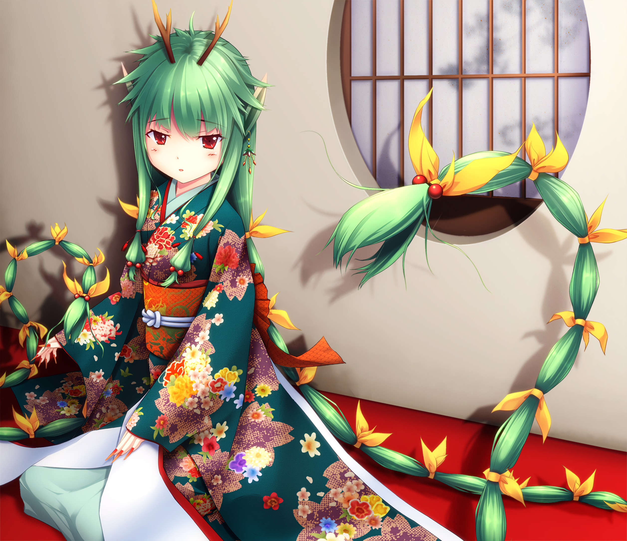 Anime 2514x2168 anime anime girls kimono Japanese clothes long hair twintails green hair red eyes