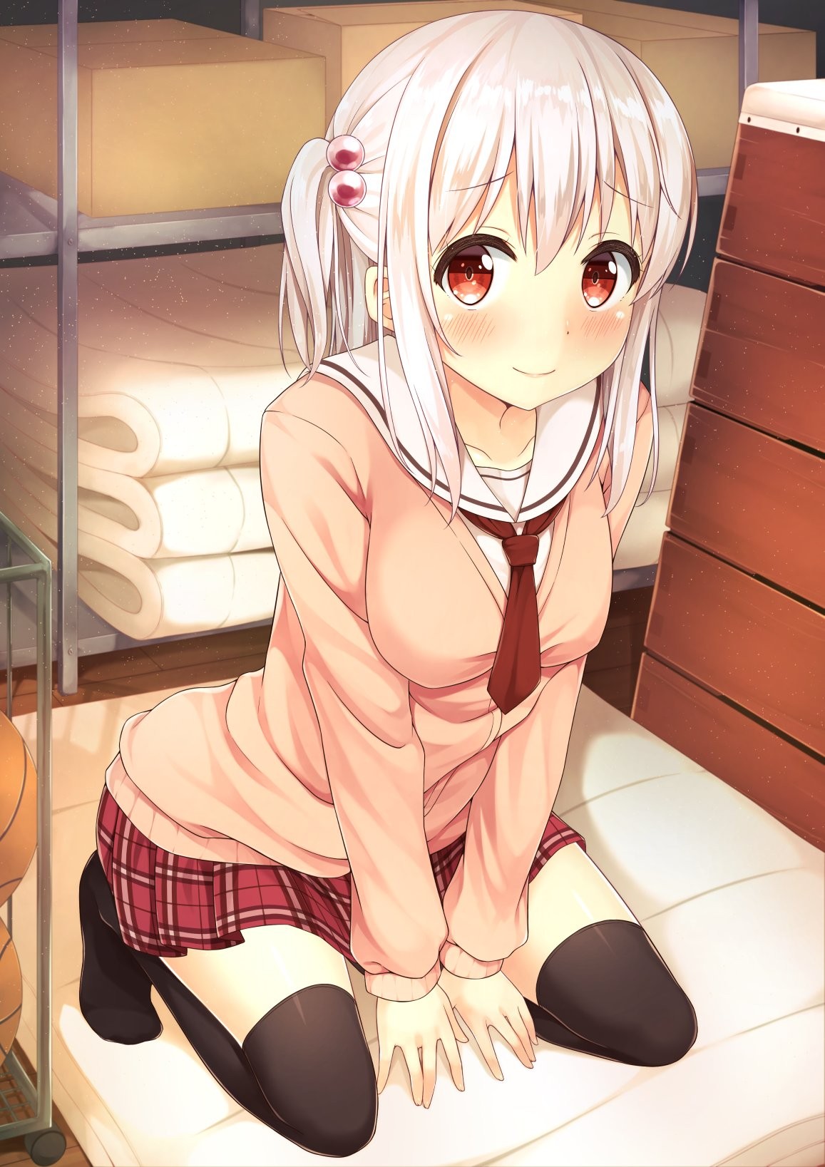Anime 1157x1637 anime anime girls sweater long hair white hair red eyes skirt stockings