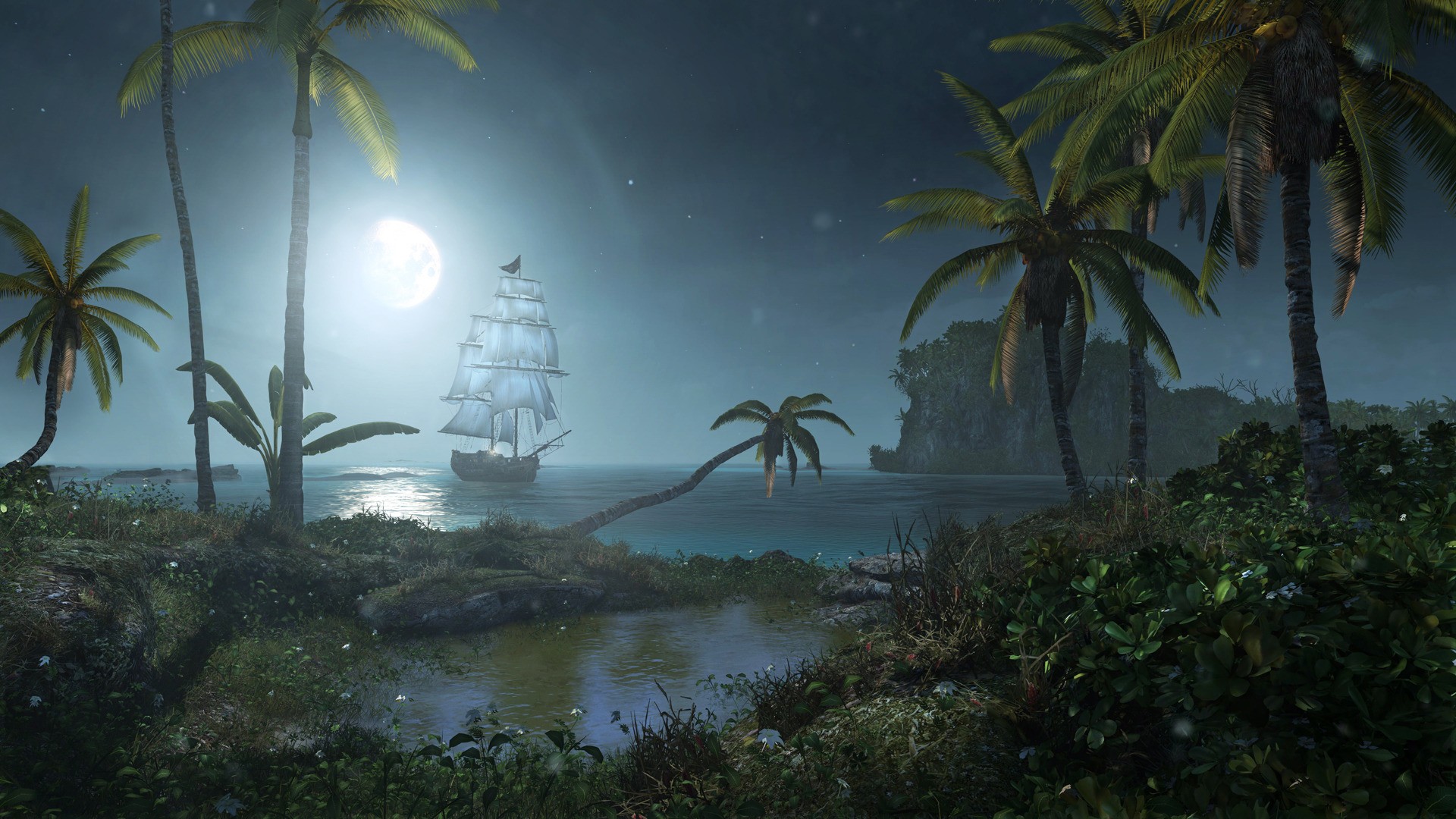 General 1920x1080 Assassin's Creed Assassin's Creed: Black Flag pirates digital art video game art moonlight palm trees water plants video games CGI sky night Moon Pirate ship