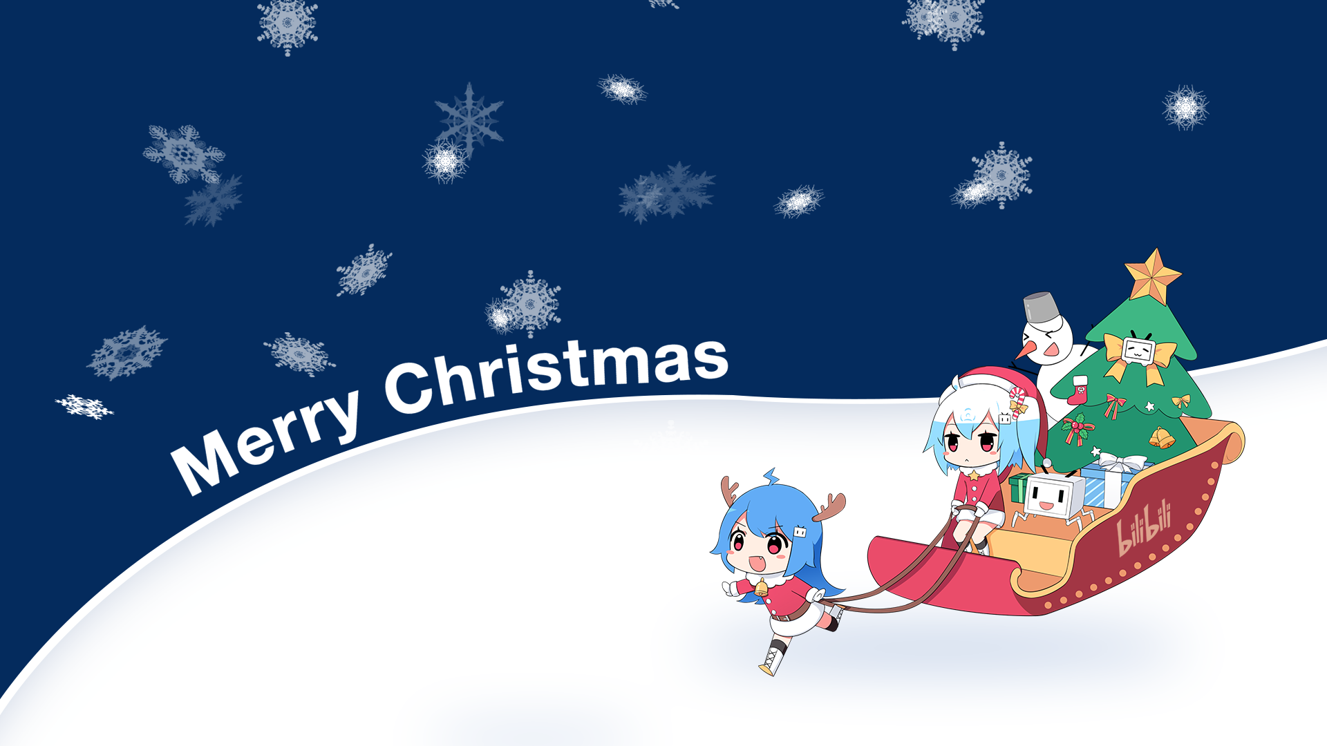 Anime 1920x1080 Christmas anime girls anime snow two women blue background