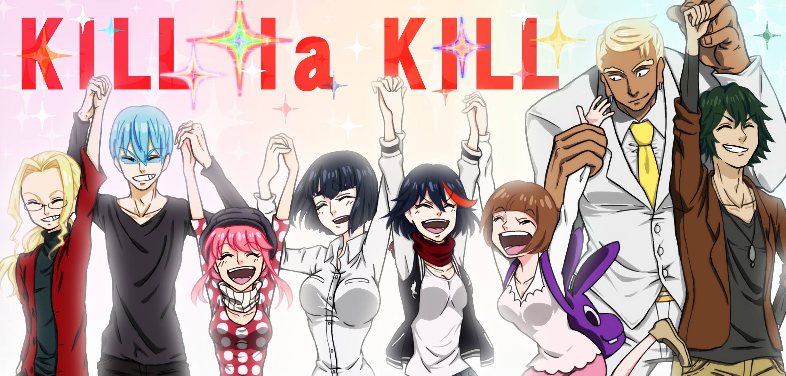 Anime 2509x1200 Kill la Kill Matoi Ryuuko Kiryuin Satsuki Mankanshoku Mako anime girls anime boys arms up happy white background