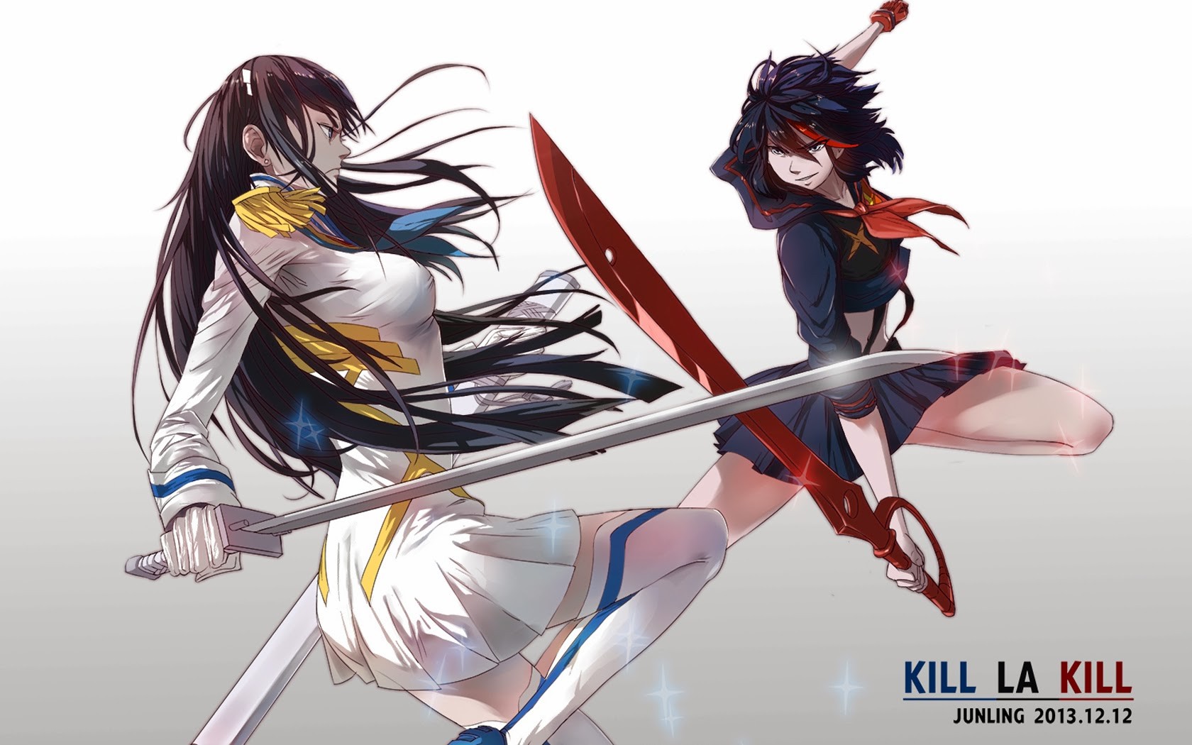 Anime 1680x1050 Kill la Kill Kiryuin Satsuki Matoi Ryuuko sword weapon two women anime anime girls women with swords long hair 2013 (Year) fighting