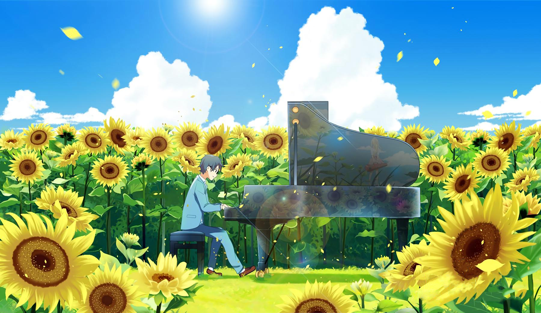 Anime 1800x1042 Shigatsu wa Kimi no Uso anime sunflowers piano musical instrument flowers anime boys plants sky