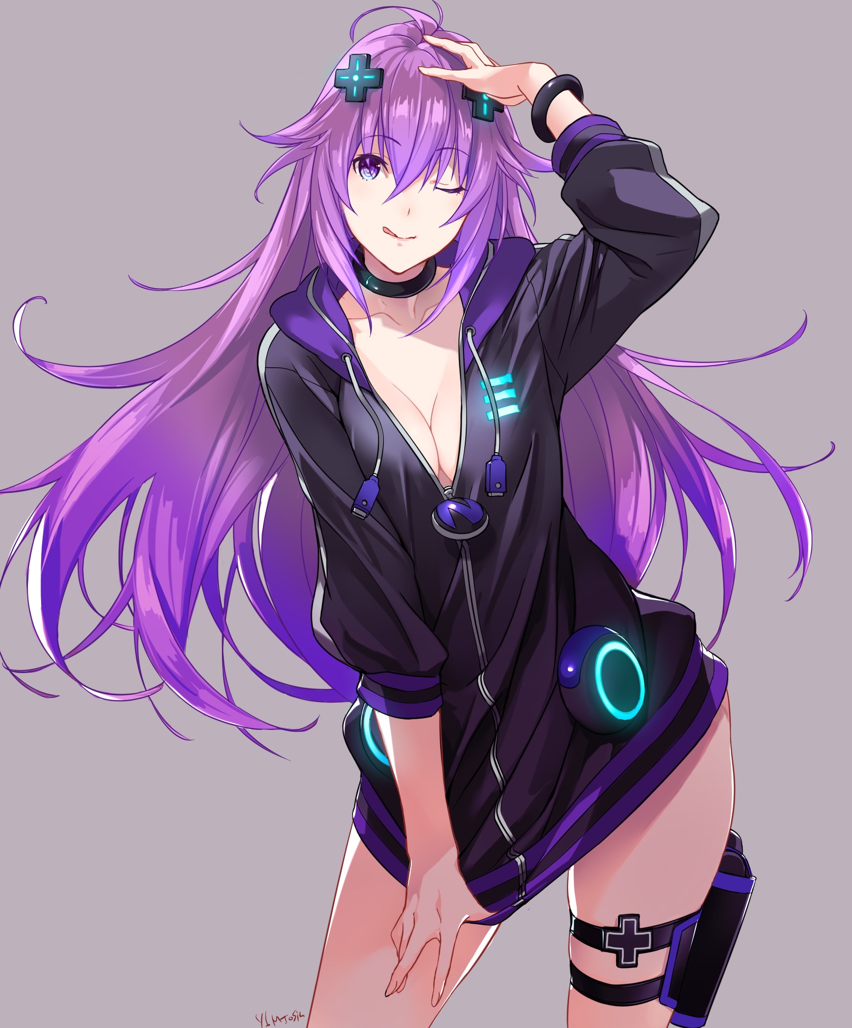 Anime 1740x2100 Hyperdimension Neptunia Neptune (Hyperdimension Neptunia) anime anime girls purple hair tongues tongue out boobs cleavage pulling clothing one eye closed smiling looking at viewer long hair minimalism signature simple background choker bracelets