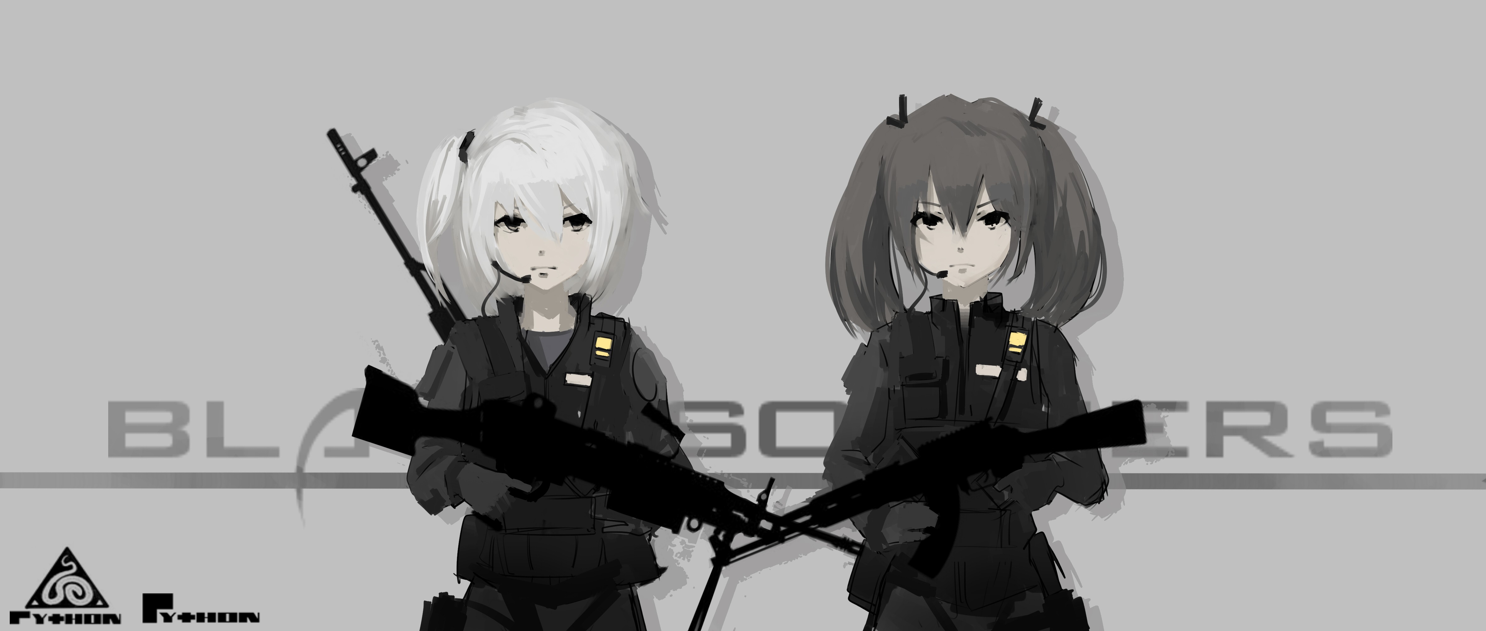 Anime 4724x2007 anime anime girls weapon gun uniform short hair white hair gray hair Black Soldier two women Pixiv girls with guns machine gun long hair